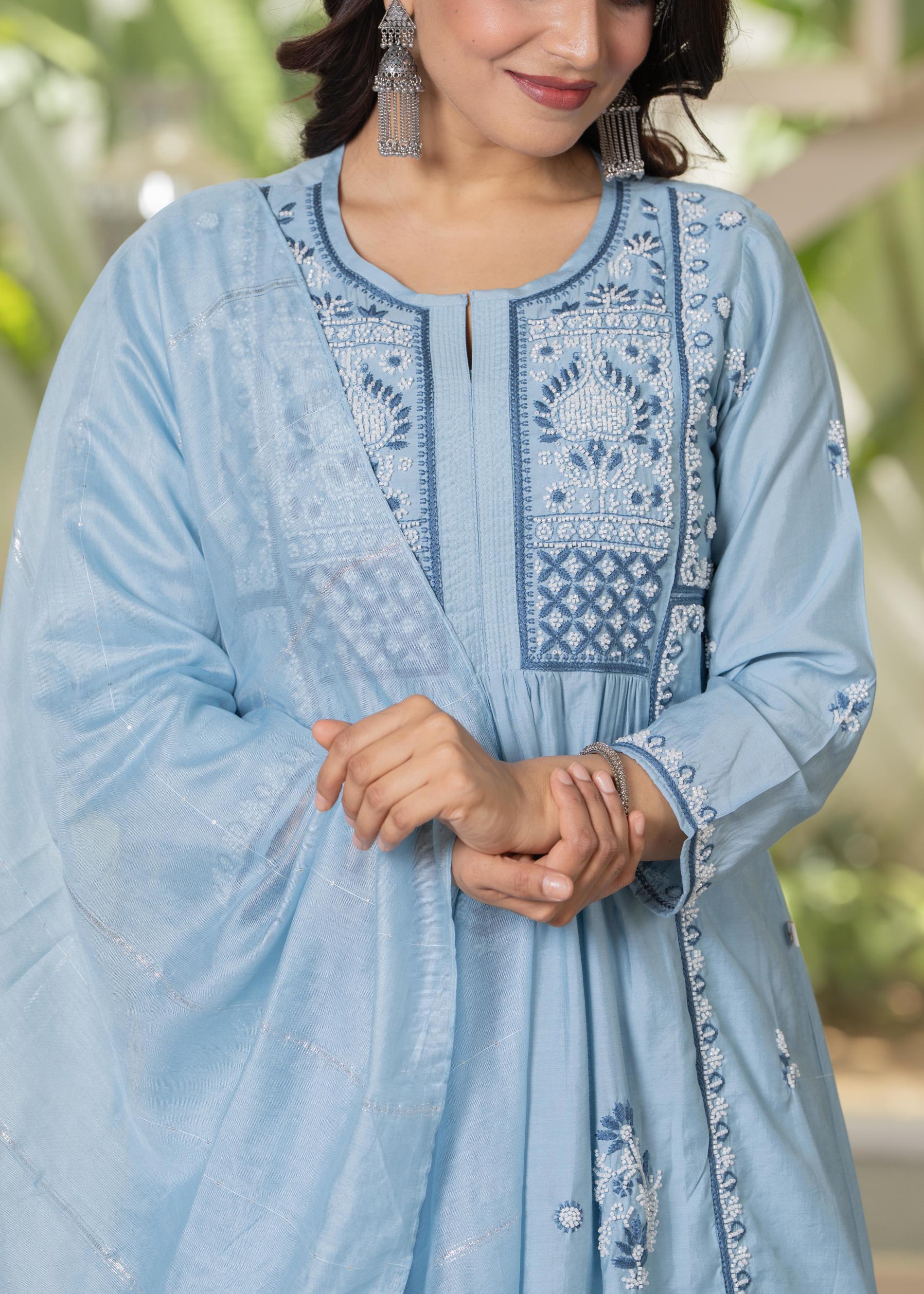 Juniper Aqua Blue Flared Embroidered Kurta Set with Dupatta