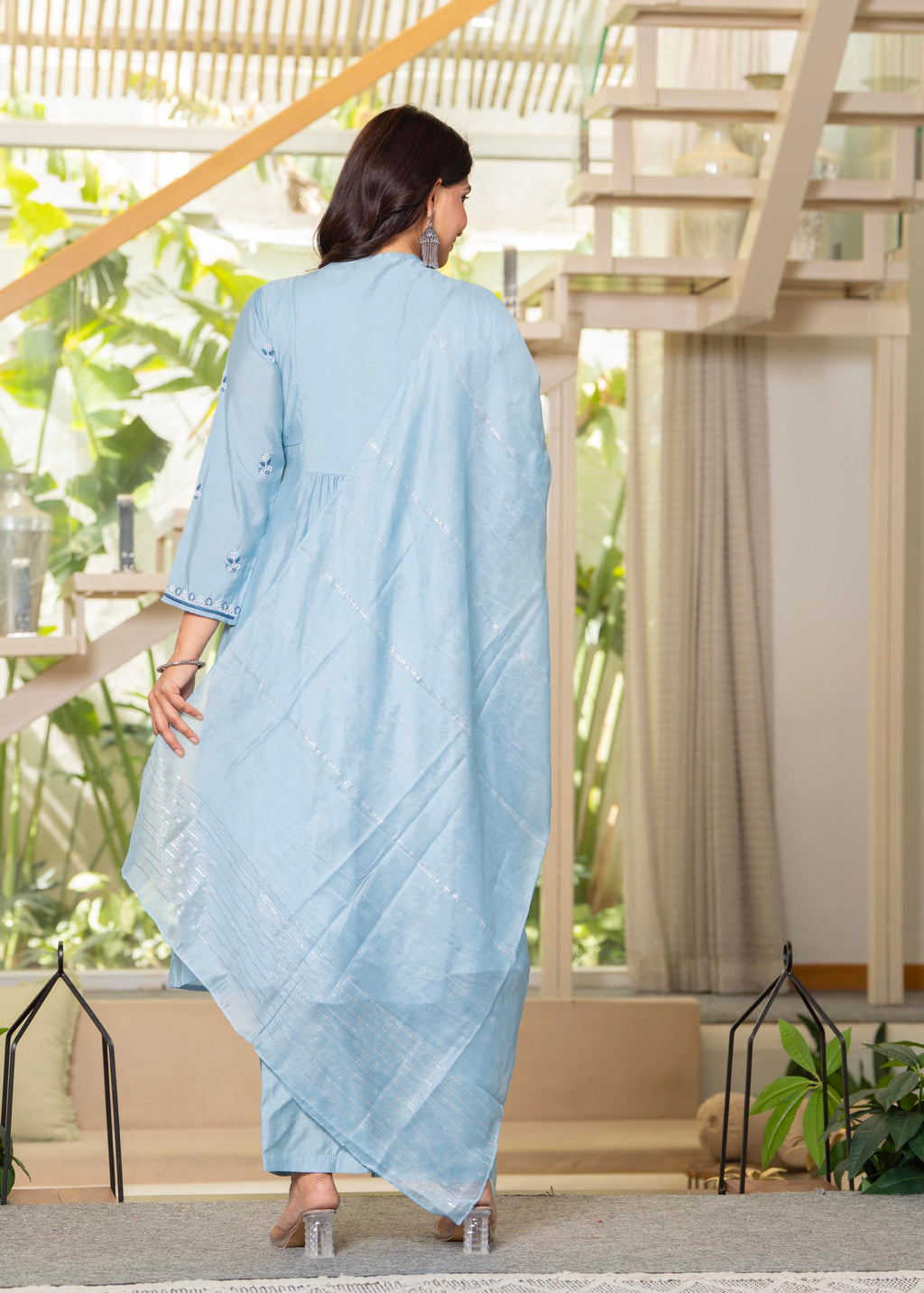 Juniper Aqua Blue Flared Embroidered Kurta Set with Dupatta