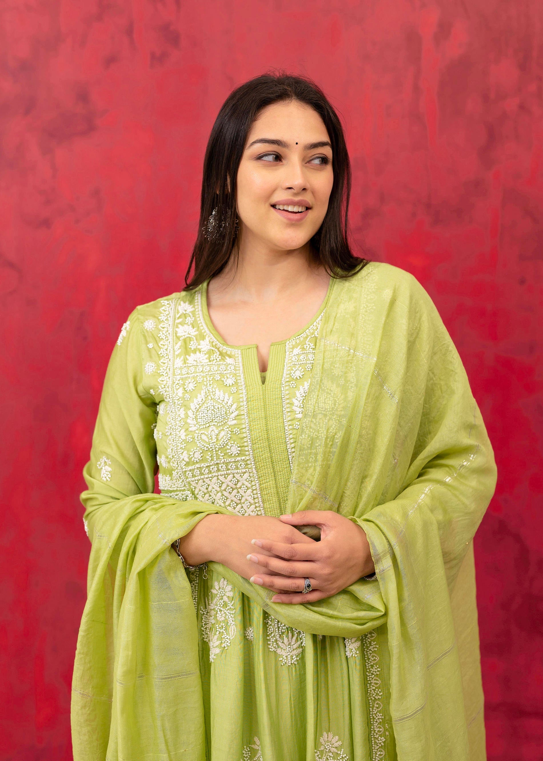 Juniper Lime Green Chanderi Kurta Pant Dupatta Set with Thread & Bead Work
