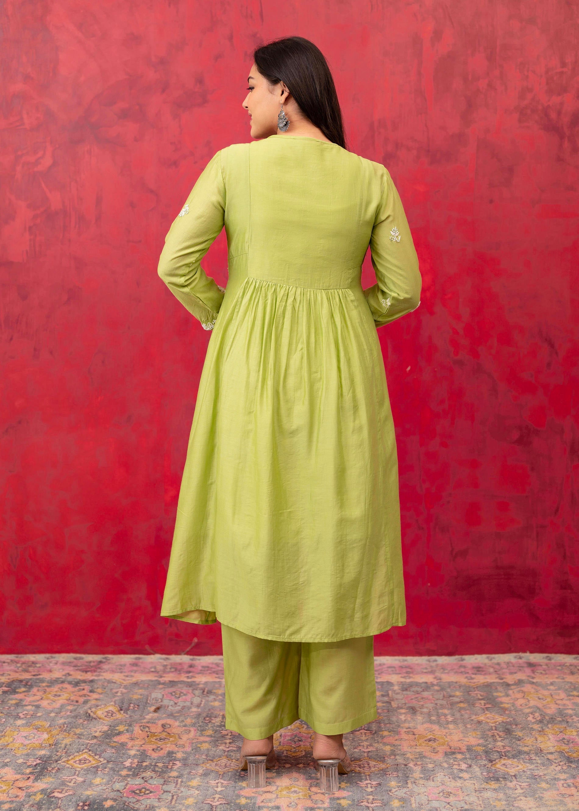 Juniper Lime Green Chanderi Kurta Pant Dupatta Set with Thread & Bead Work