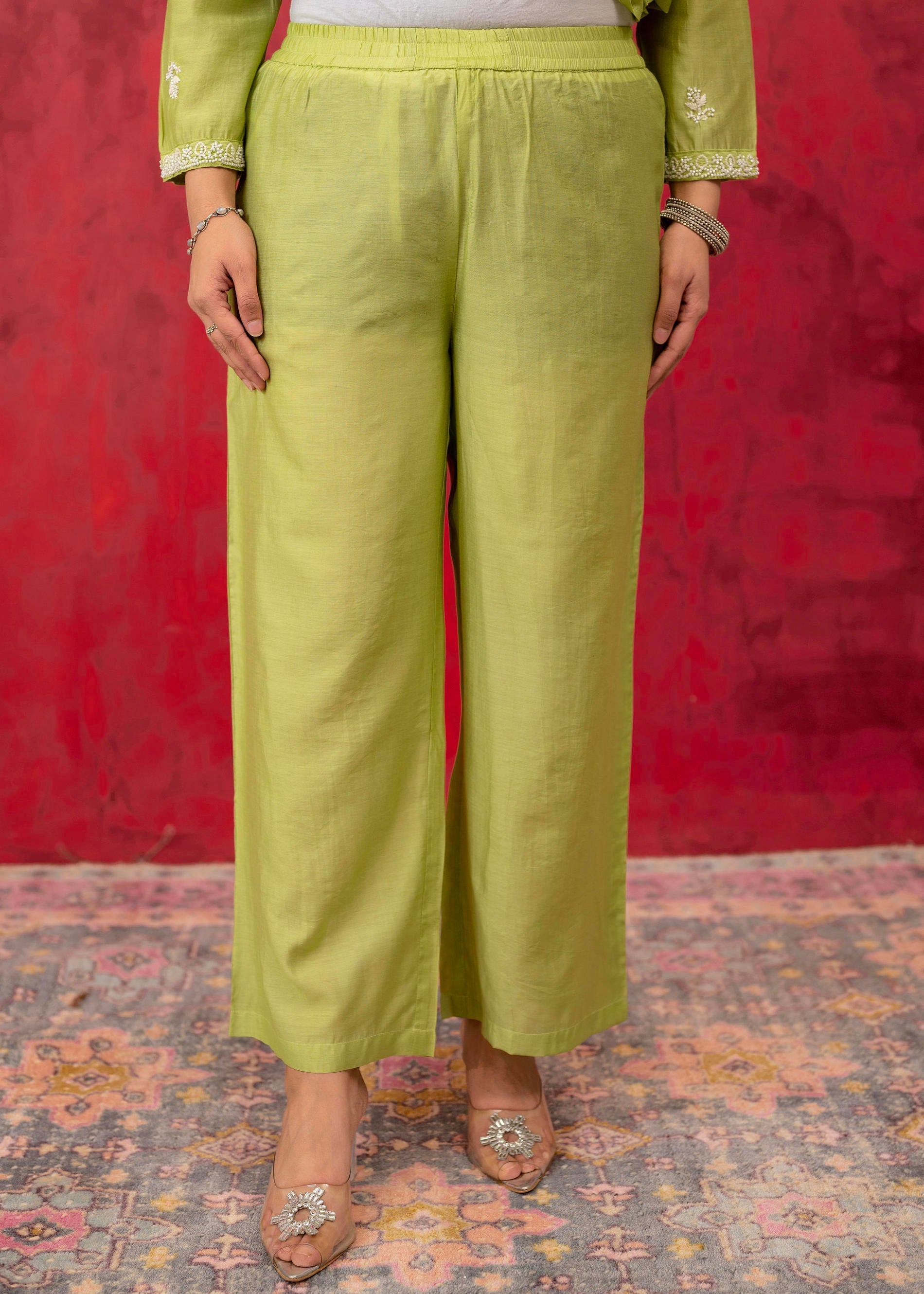Juniper Lime Green Chanderi Kurta Pant Dupatta Set with Thread & Bead Work