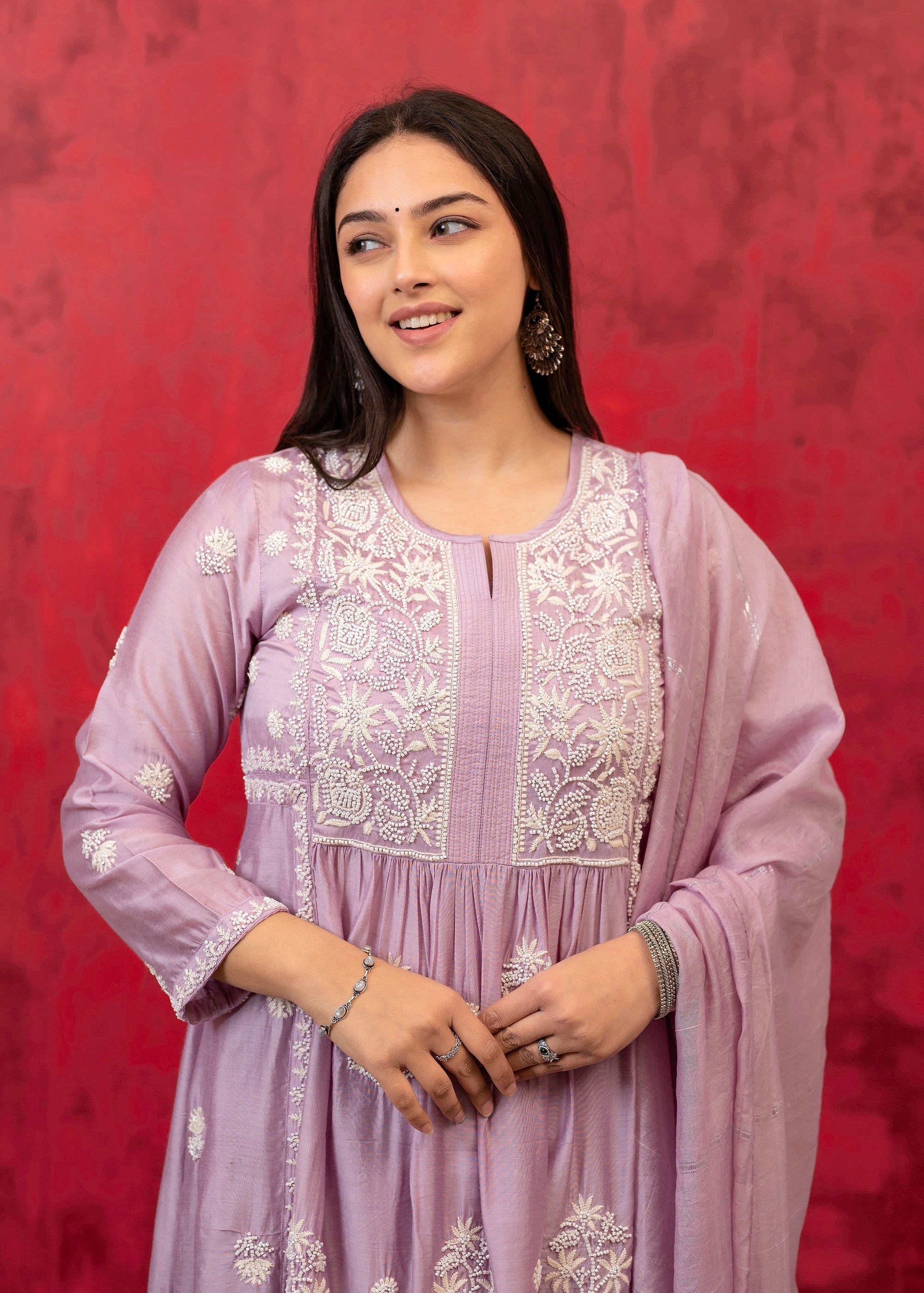 Juniper Lavender Embroidered Floral Chanderi Kurta with Palazzo & Dupatta