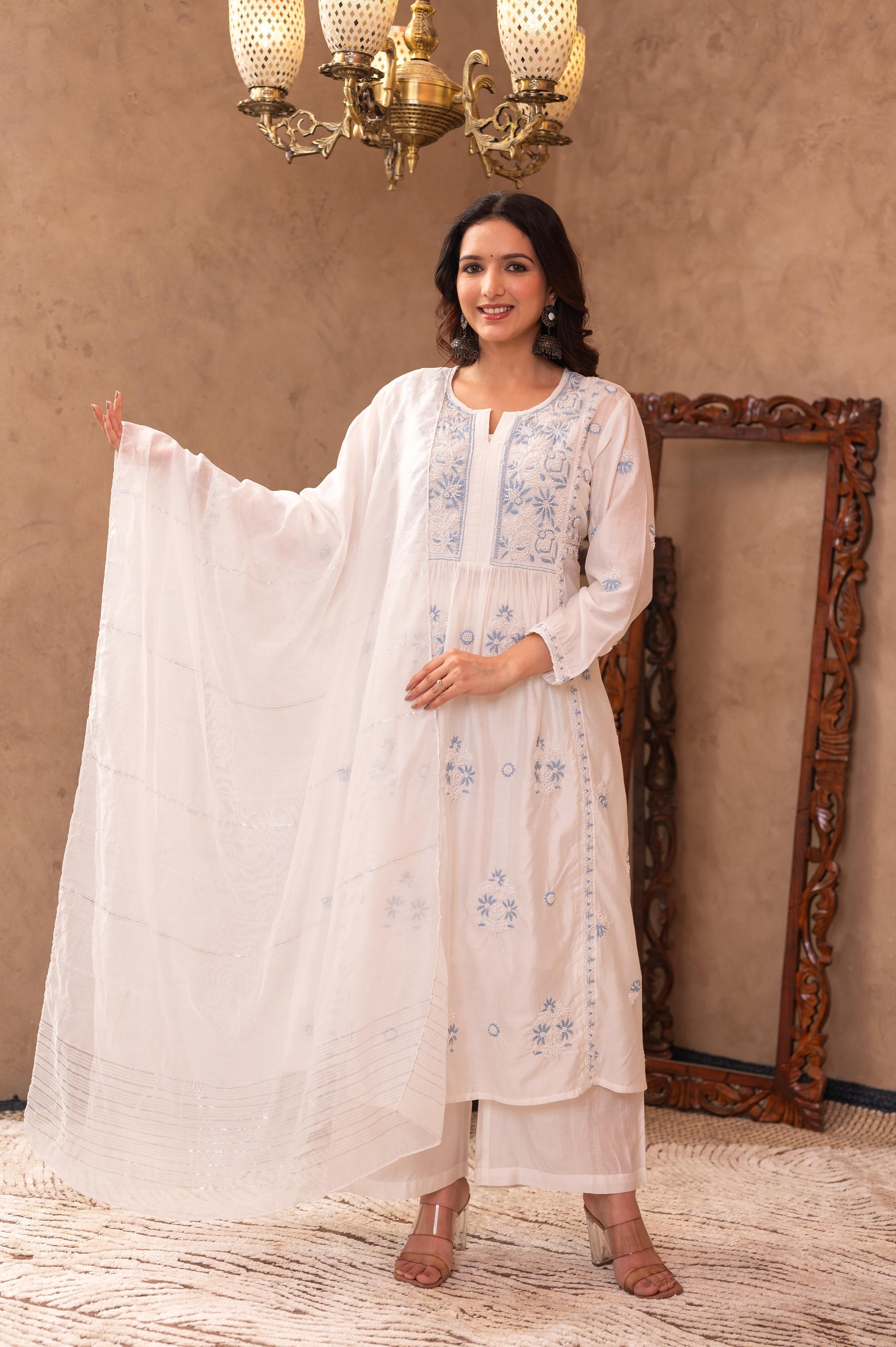 Juniper Off-White Chanderi Floral Embroidered Kurta with Palazzo, Dupatta & Bead Work