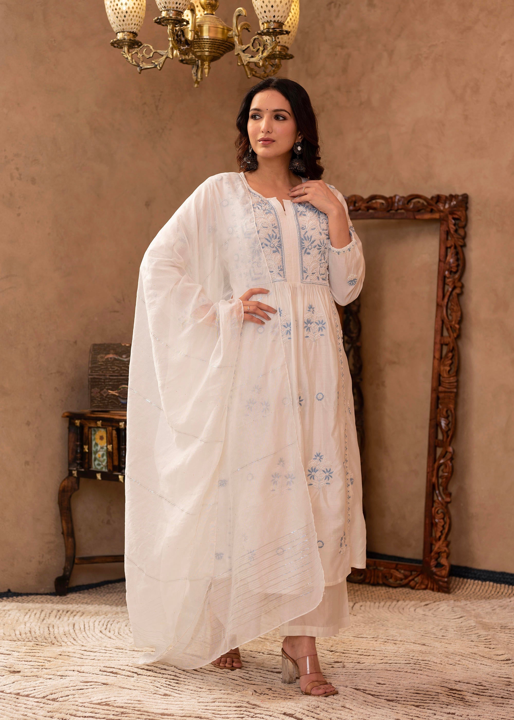 Juniper Off-White Chanderi Floral Embroidered Kurta with Palazzo, Dupatta & Bead Work