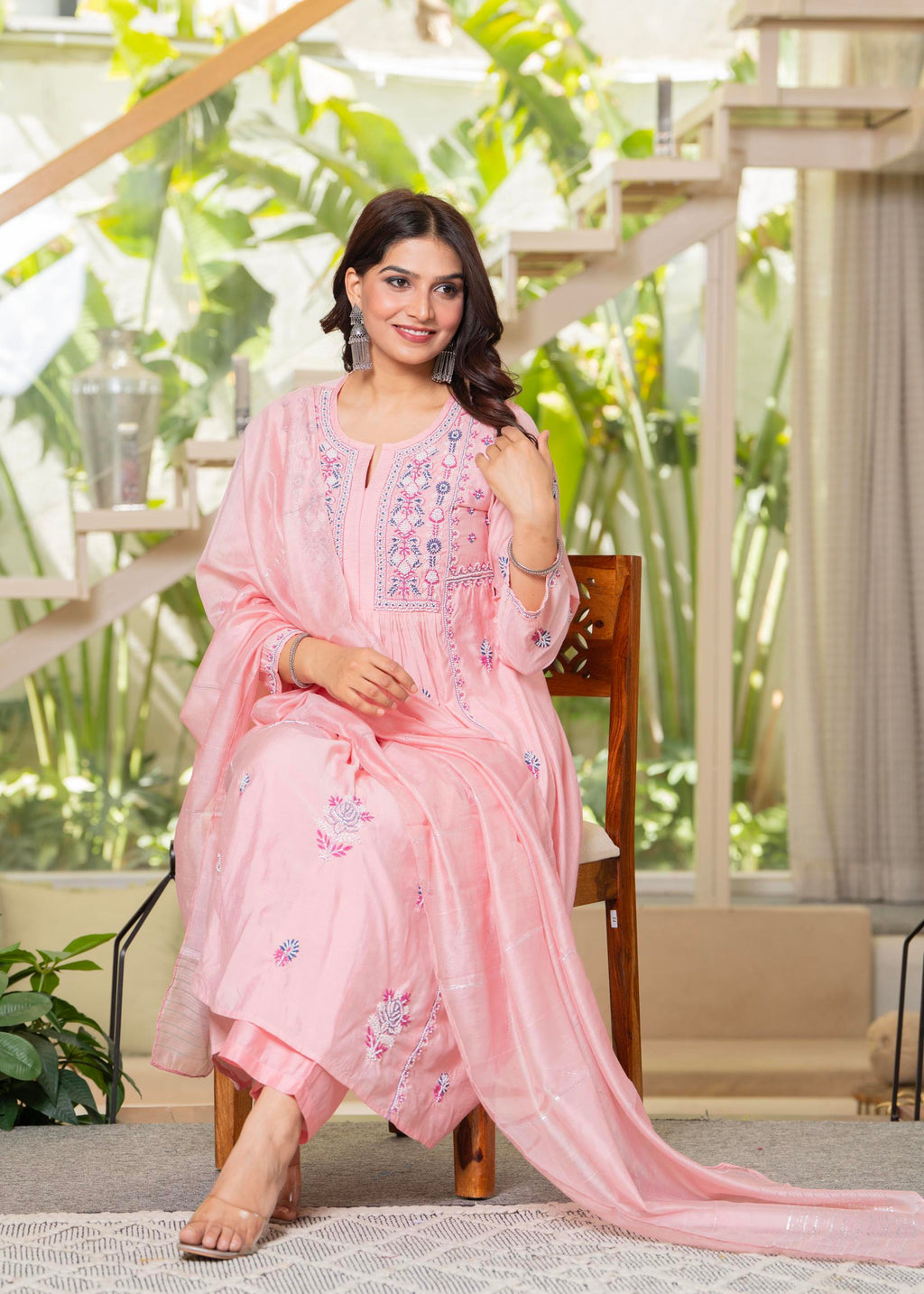 Juniper Baby Pink Embroidered Flared Kurta Set with Dupatta