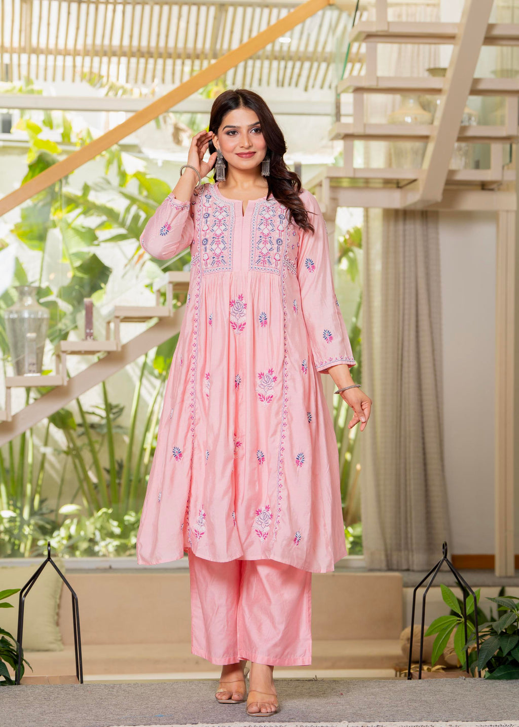 Juniper Baby Pink Embroidered Flared Kurta Set with Dupatta