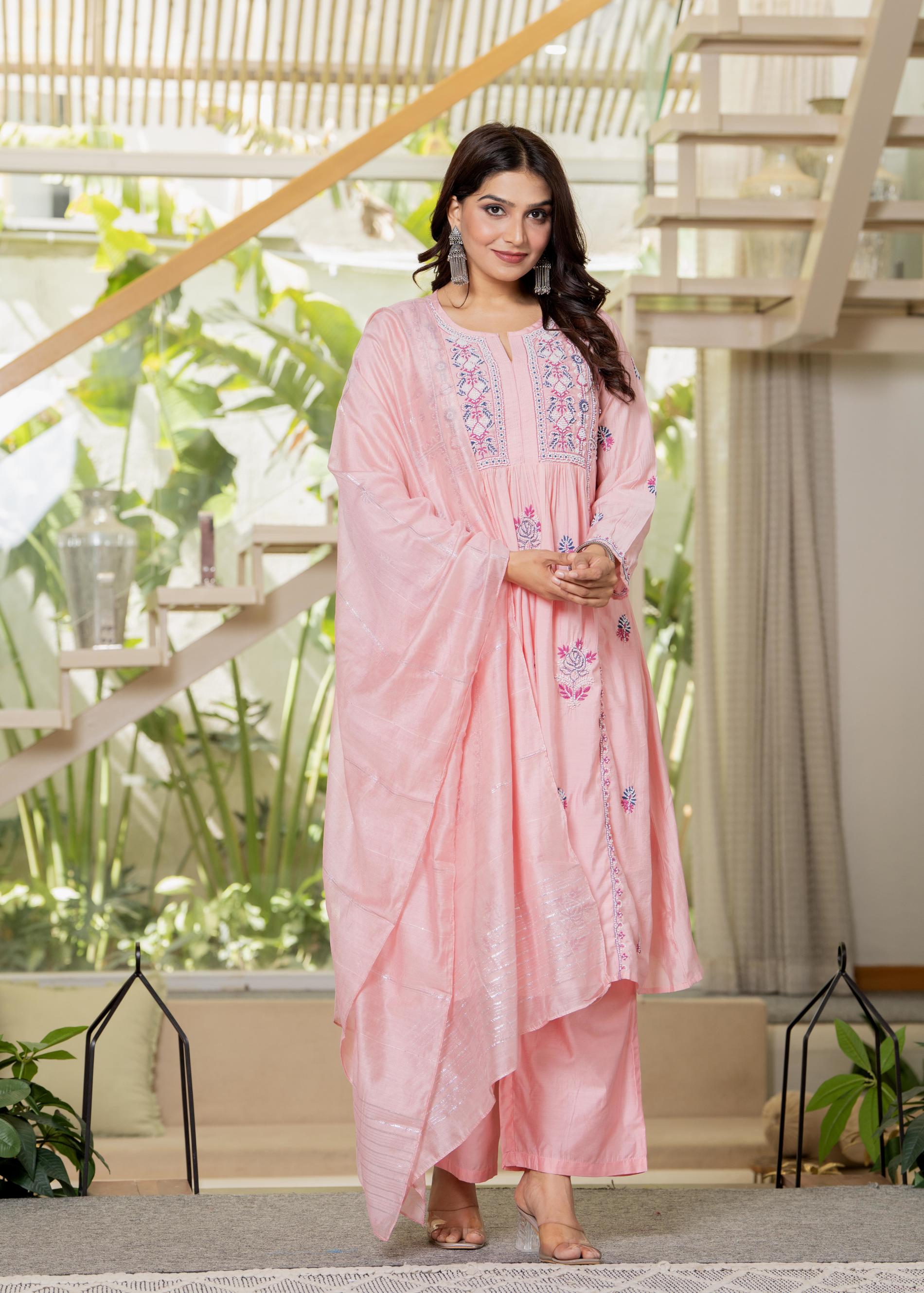 Juniper Baby Pink Embroidered Flared Kurta Set with Dupatta