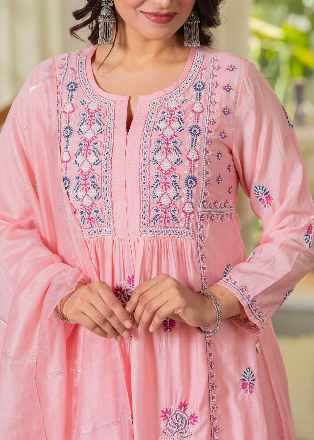 Juniper Baby Pink Embroidered Flared Kurta Set with Dupatta