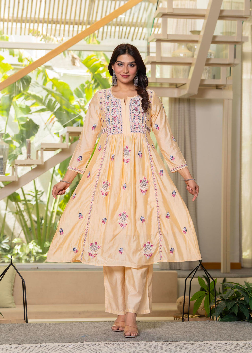 Juniper Yellow Embroidered Flared Kurta Set with Dupatta