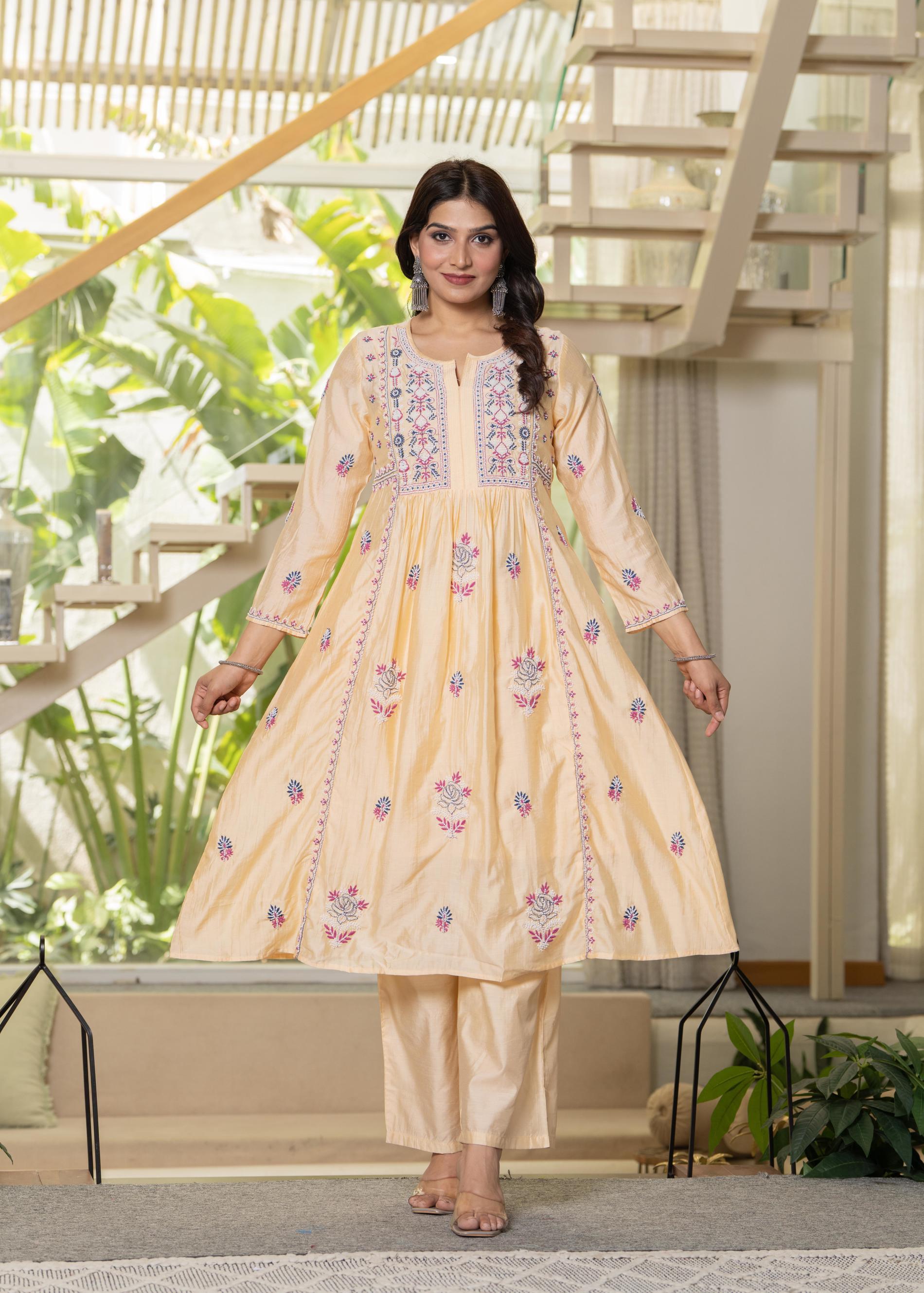 Juniper Yellow Embroidered Flared Kurta Set with Dupatta