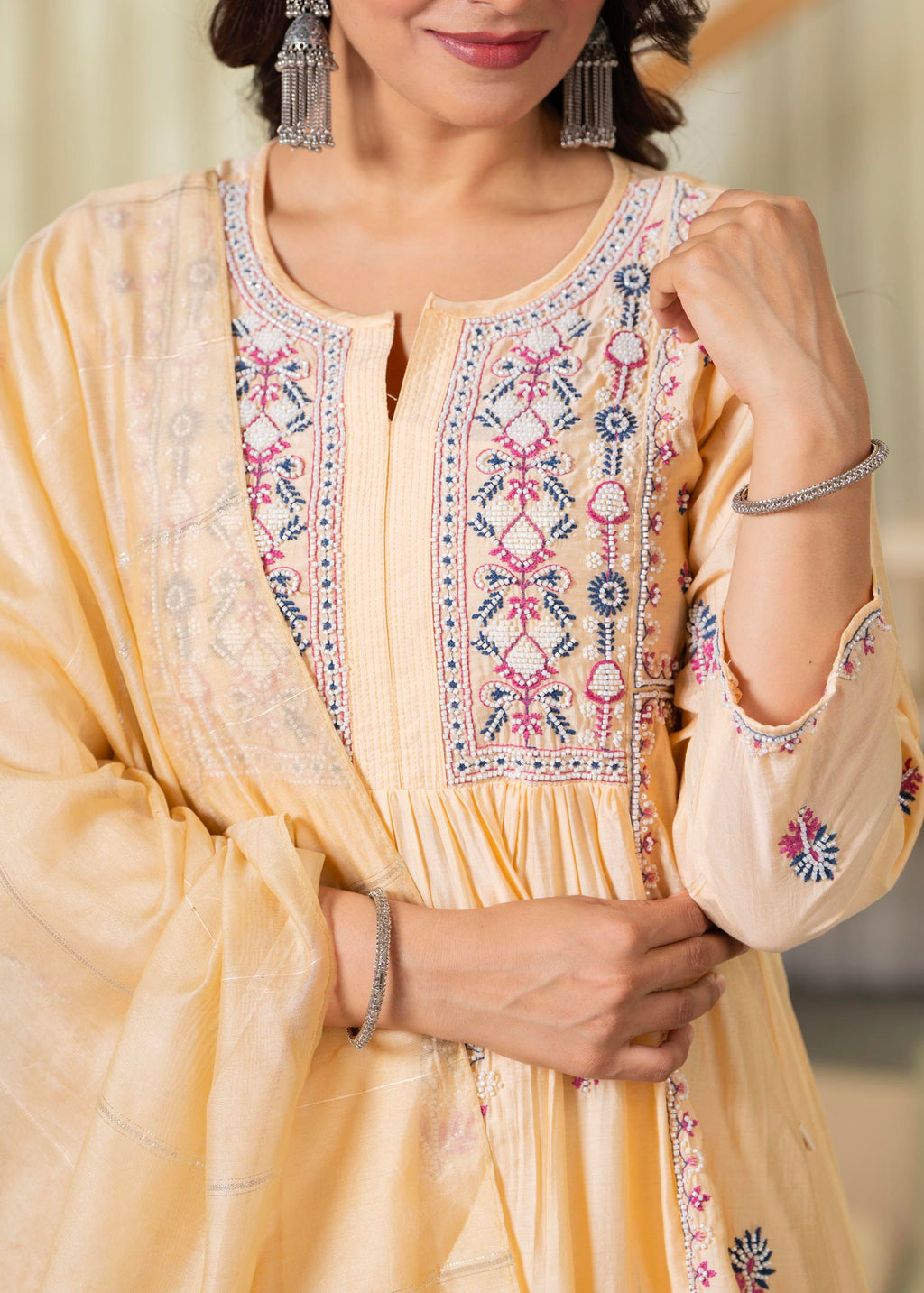 Juniper Yellow Embroidered Flared Kurta Set with Dupatta