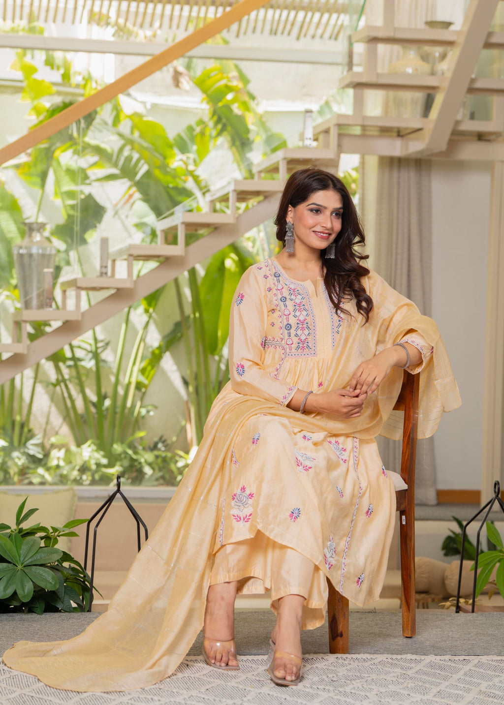 Juniper Yellow Embroidered Flared Kurta Set with Dupatta