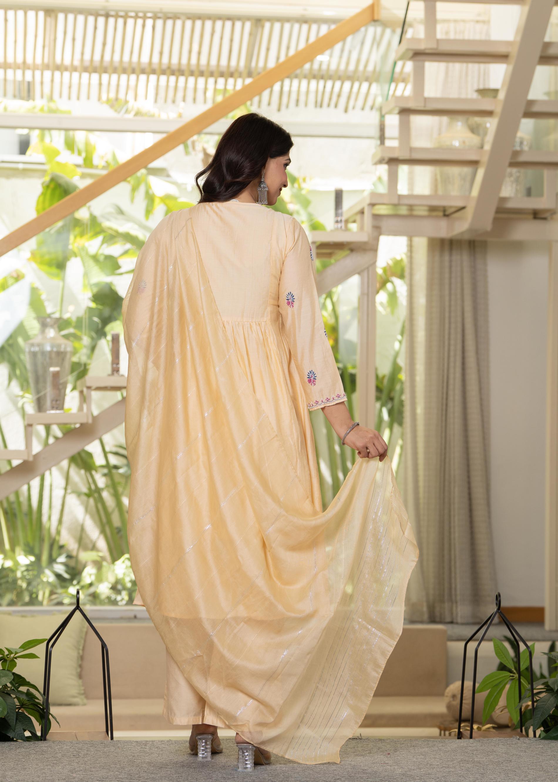 Juniper Yellow Embroidered Flared Kurta Set with Dupatta