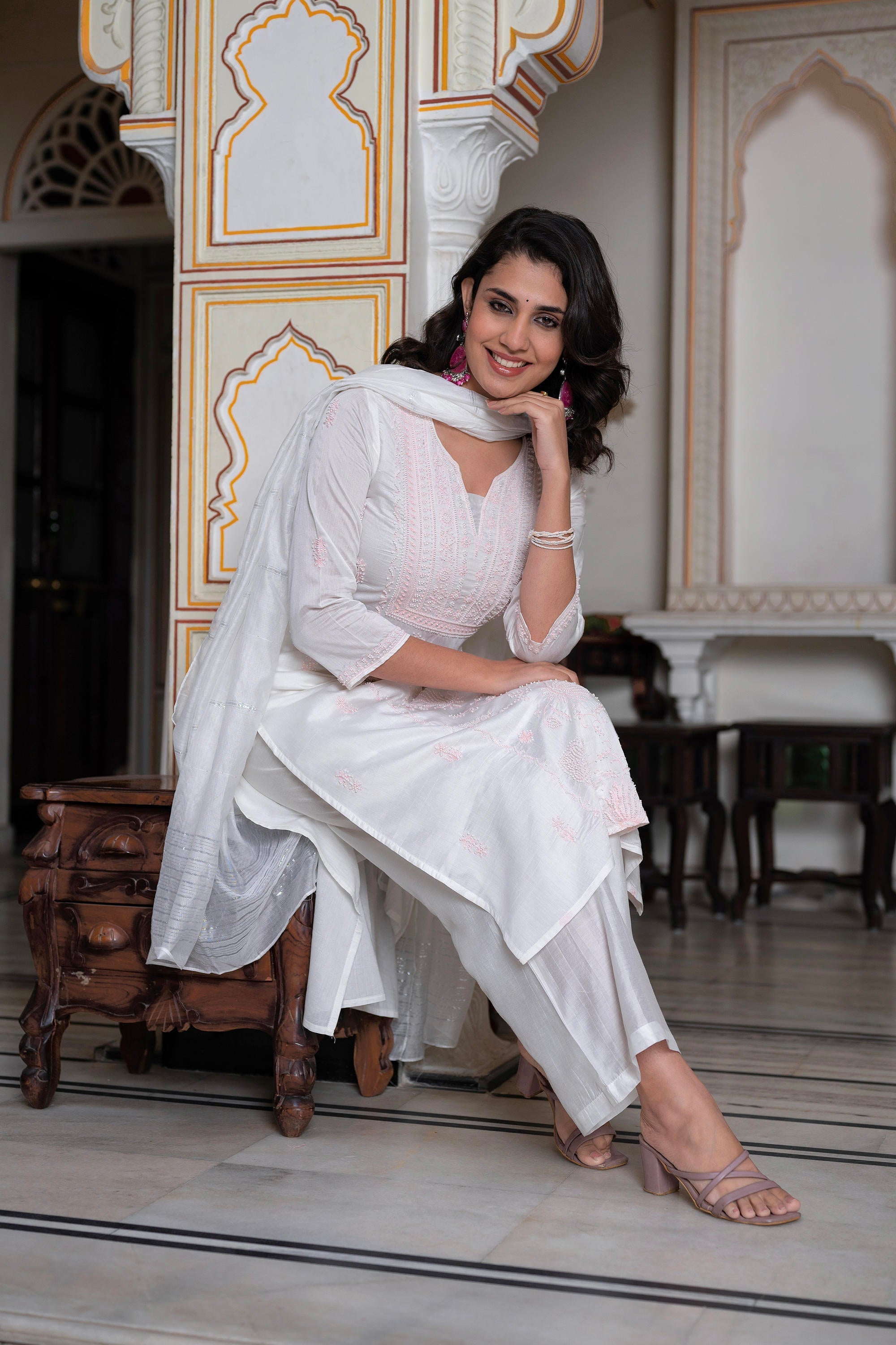 Juniper Off-White Chanderi Kurta With Bead Work & Thread Detailing