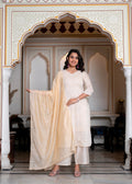 Juniper Peach Chanderi Kurta-Pant & Dupatta Set with Bead & Floral Thread Work