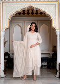 Juniper Peach Chanderi Kurta-Pant & Dupatta Set With Bead & Floral Thread Work
