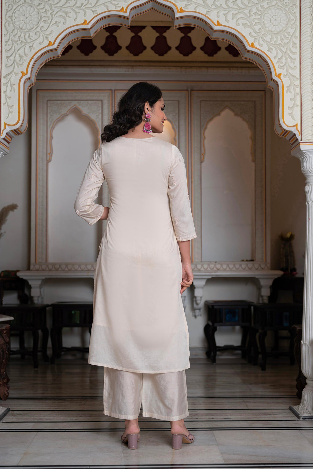 Juniper Peach Chanderi Kurta-Pant & Dupatta Set with Bead & Floral Thread Work