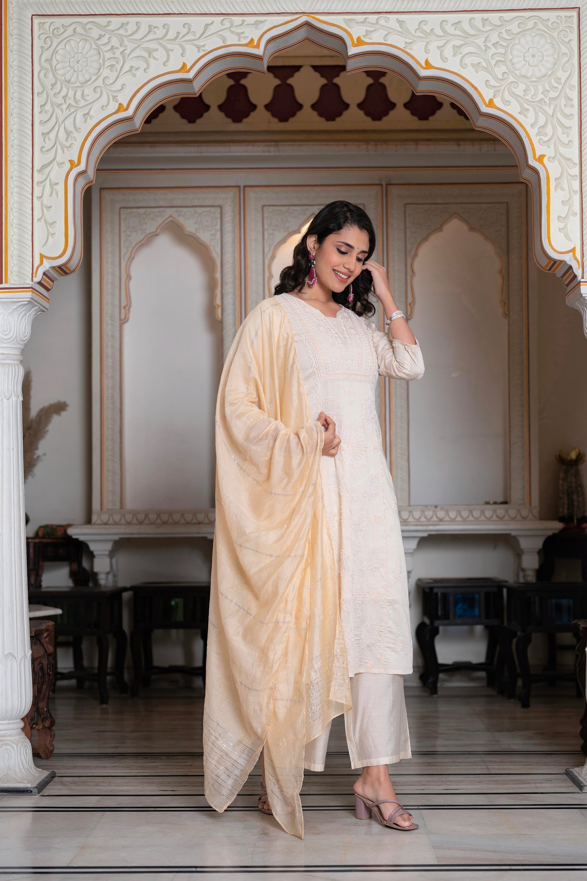 Juniper Peach Chanderi Kurta-Pant & Dupatta Set with Bead & Floral Thread Work
