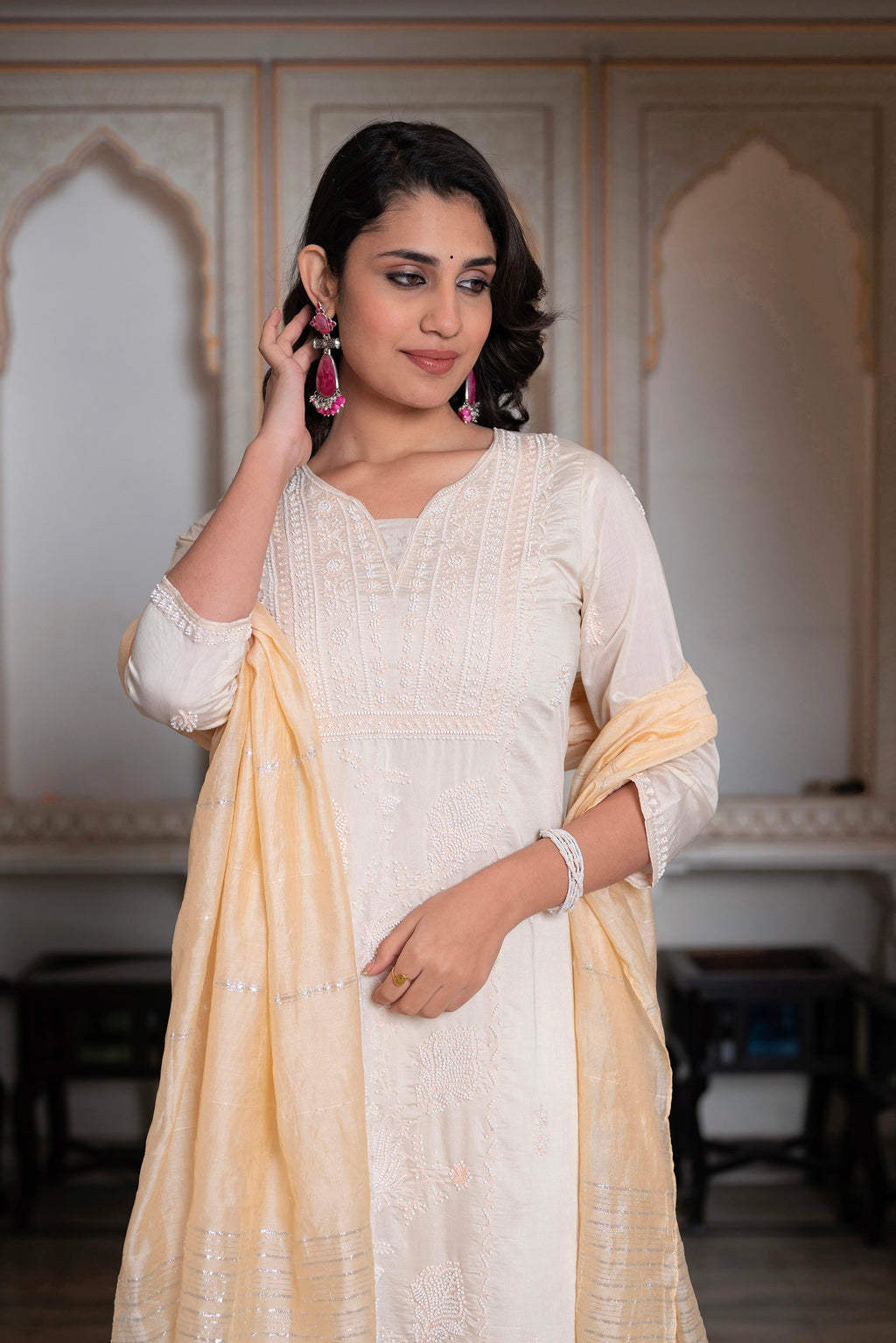 Juniper Peach Chanderi Kurta-Pant & Dupatta Set with Bead & Floral Thread Work