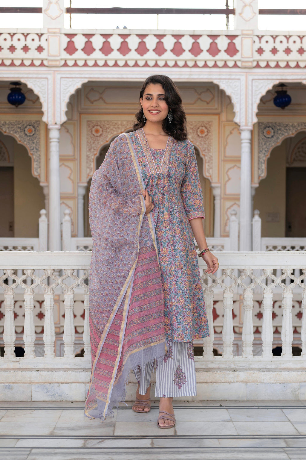 Juniper Lavender Cotton Flared Kurta-Pant & Dupatta Set with Floral Print, Thread Work, Lace & Sequins