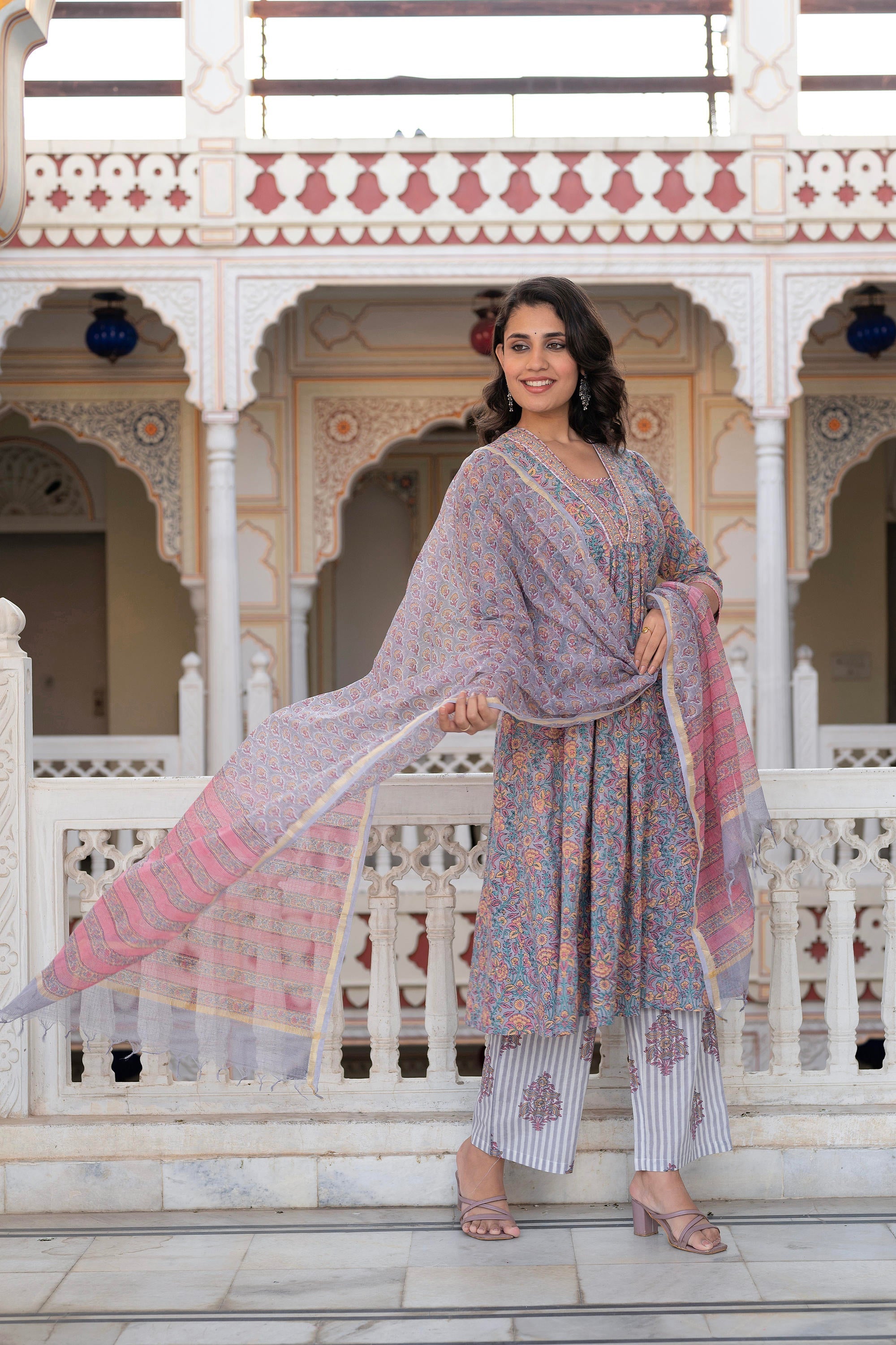 Juniper Lavender Cotton Flared Kurta-Pant & Dupatta Set With Floral Print, Thread Work, Lace & Sequins