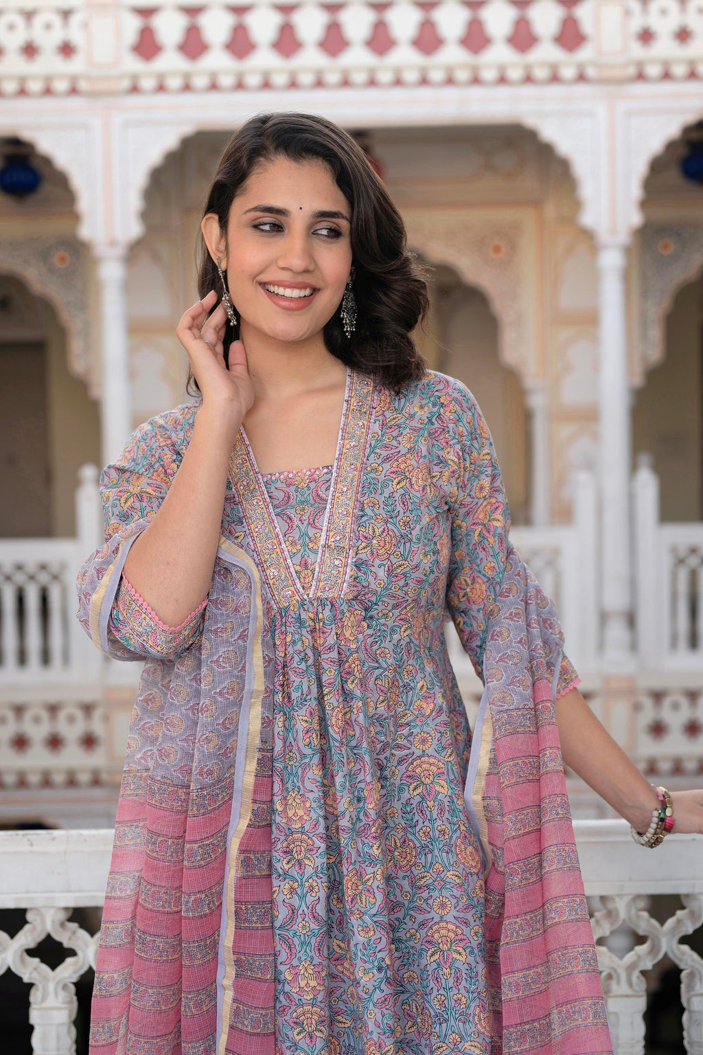 Juniper Lavender Cotton Flared Kurta-Pant & Dupatta Set With Floral Print, Thread Work, Lace & Sequins