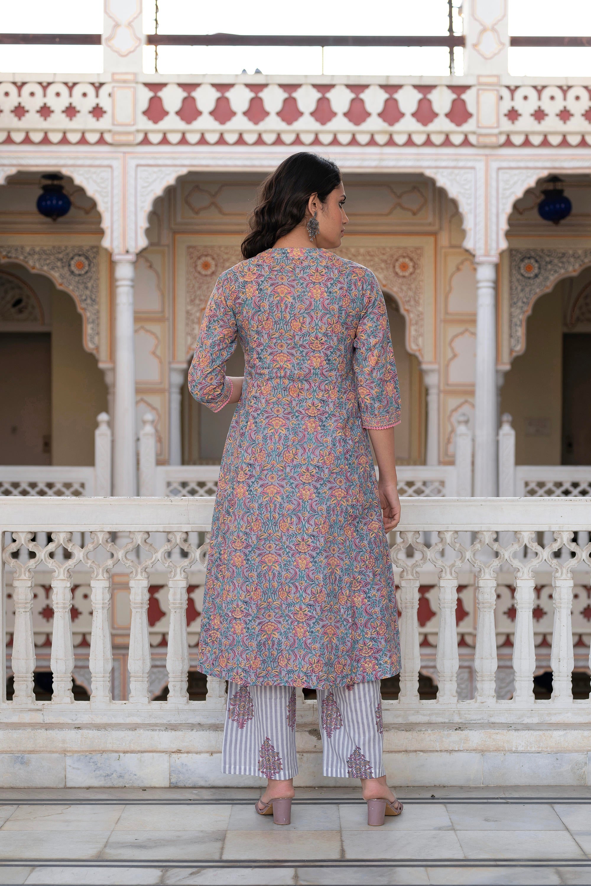 Juniper Lavender Cotton Flared Kurta-Pant & Dupatta Set with Floral Print, Thread Work, Lace & Sequins