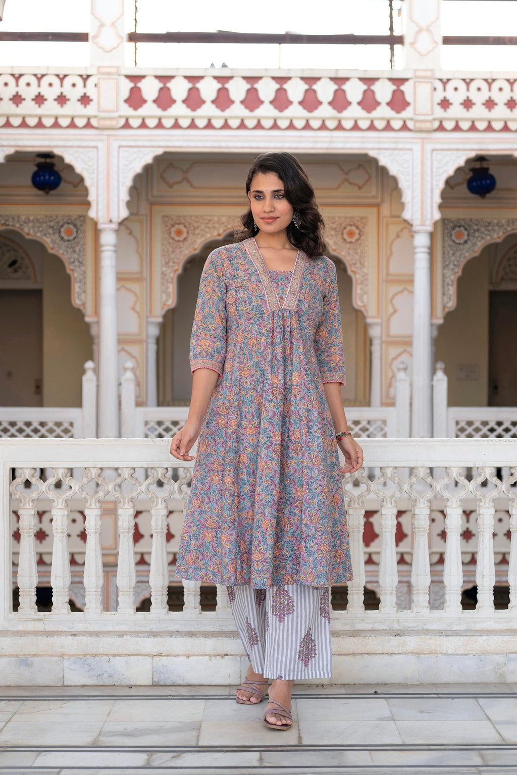 Juniper Lavender Cotton Flared Kurta-Pant & Dupatta Set with Floral Print, Thread Work, Lace & Sequins