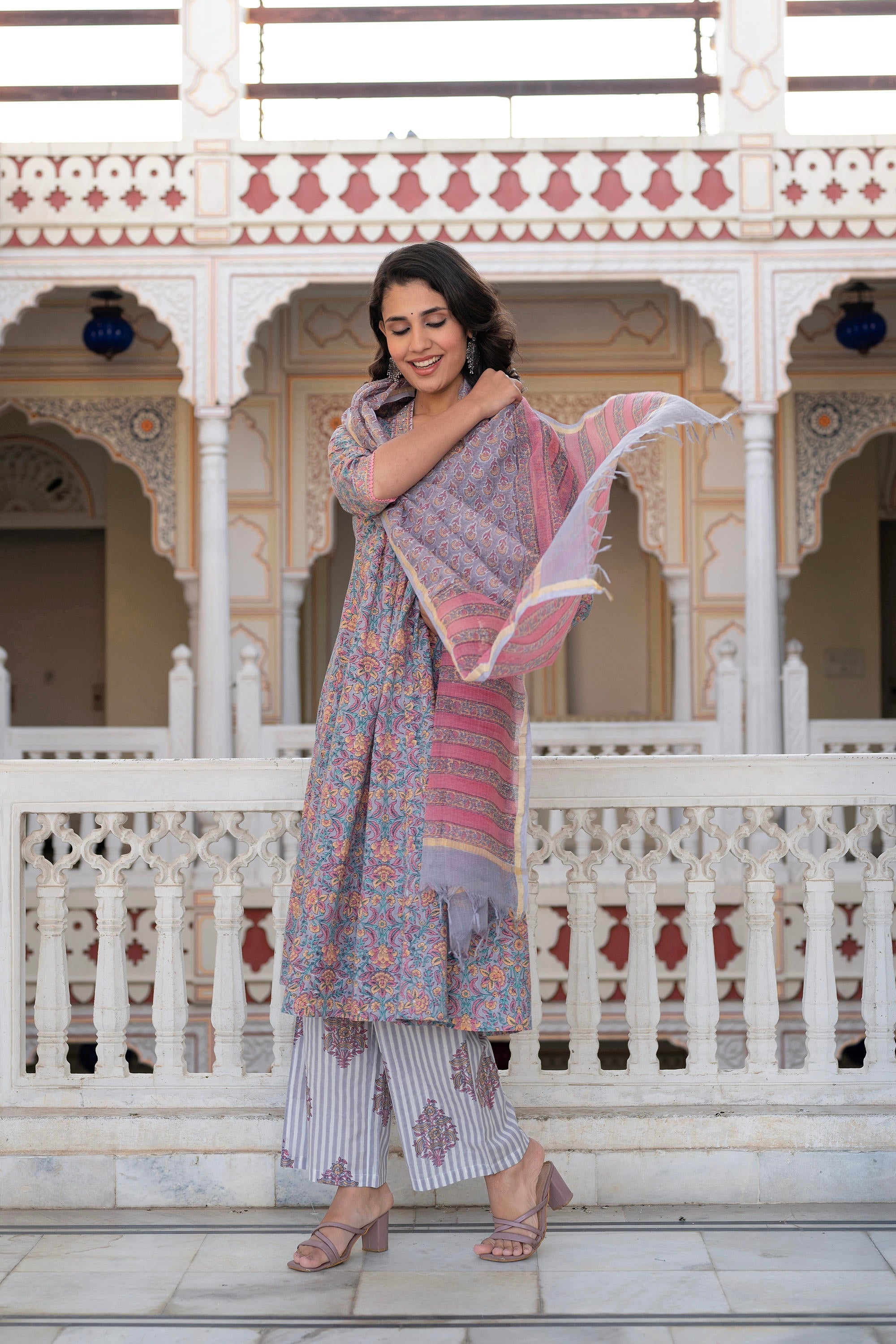 Juniper Lavender Cotton Flared Kurta-Pant & Dupatta Set with Floral Print, Thread Work, Lace & Sequins