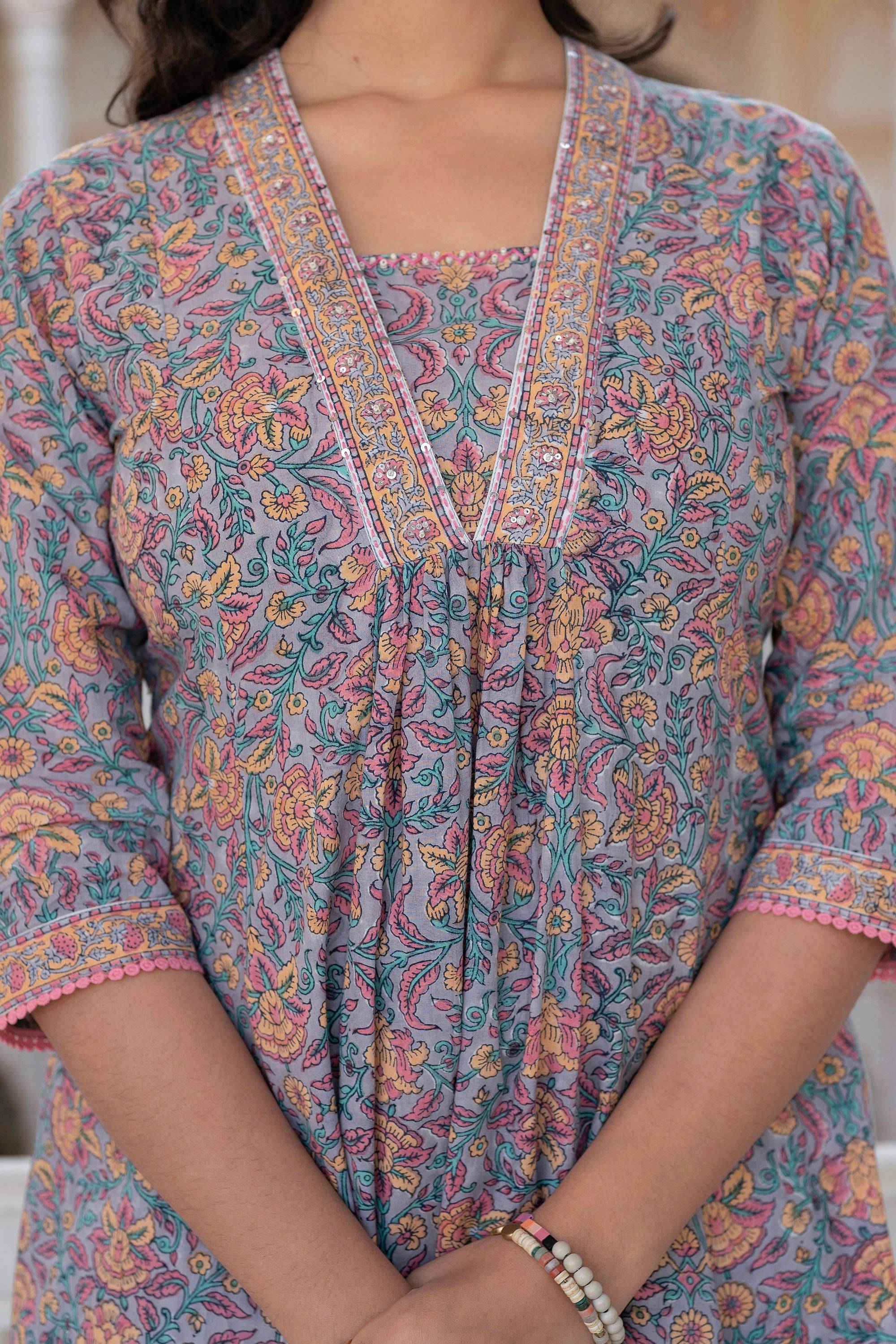 Juniper Lavender Cotton Flared Kurta-Pant & Dupatta Set with Floral Print, Thread Work, Lace & Sequins