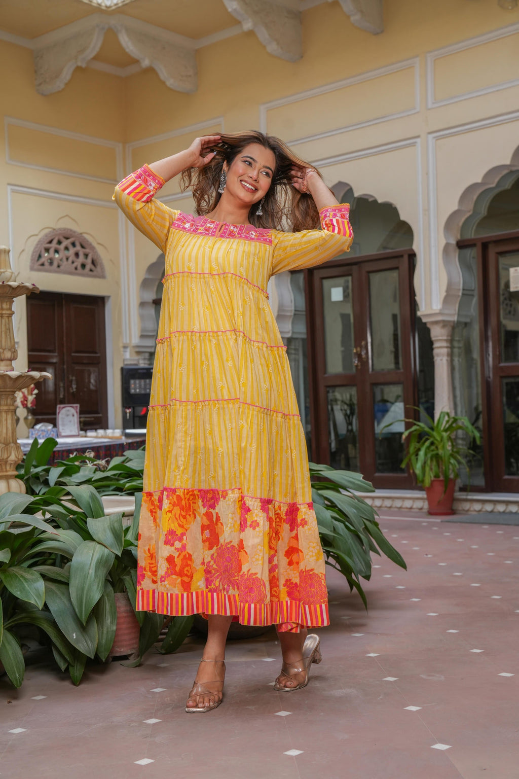 Juniper Mustard Flared Panelled Dress with Printed Floral Hem and Yoke Embroidery