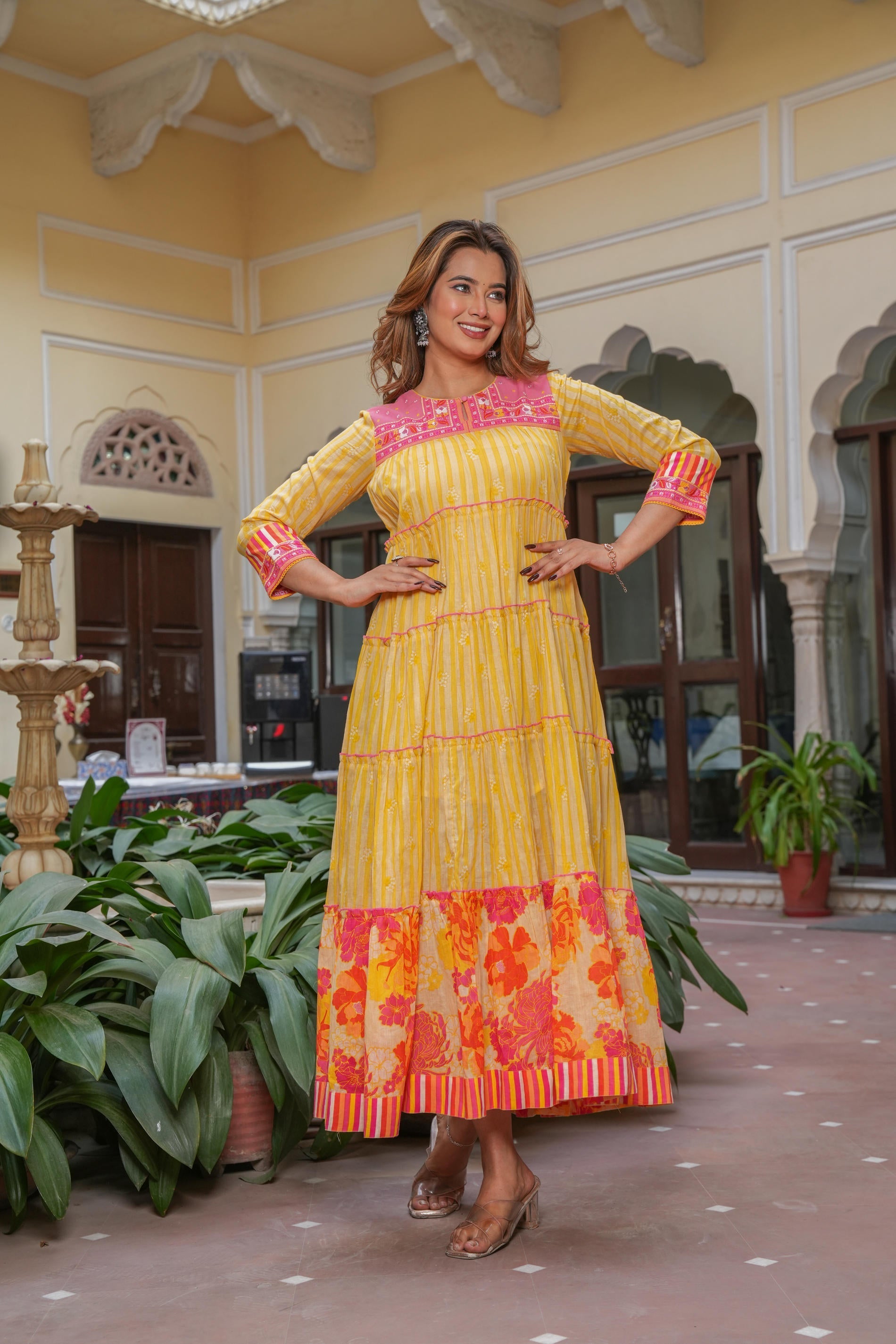 Juniper Mustard Flared Panelled Dress with Printed Floral Hem and Yoke Embroidery
