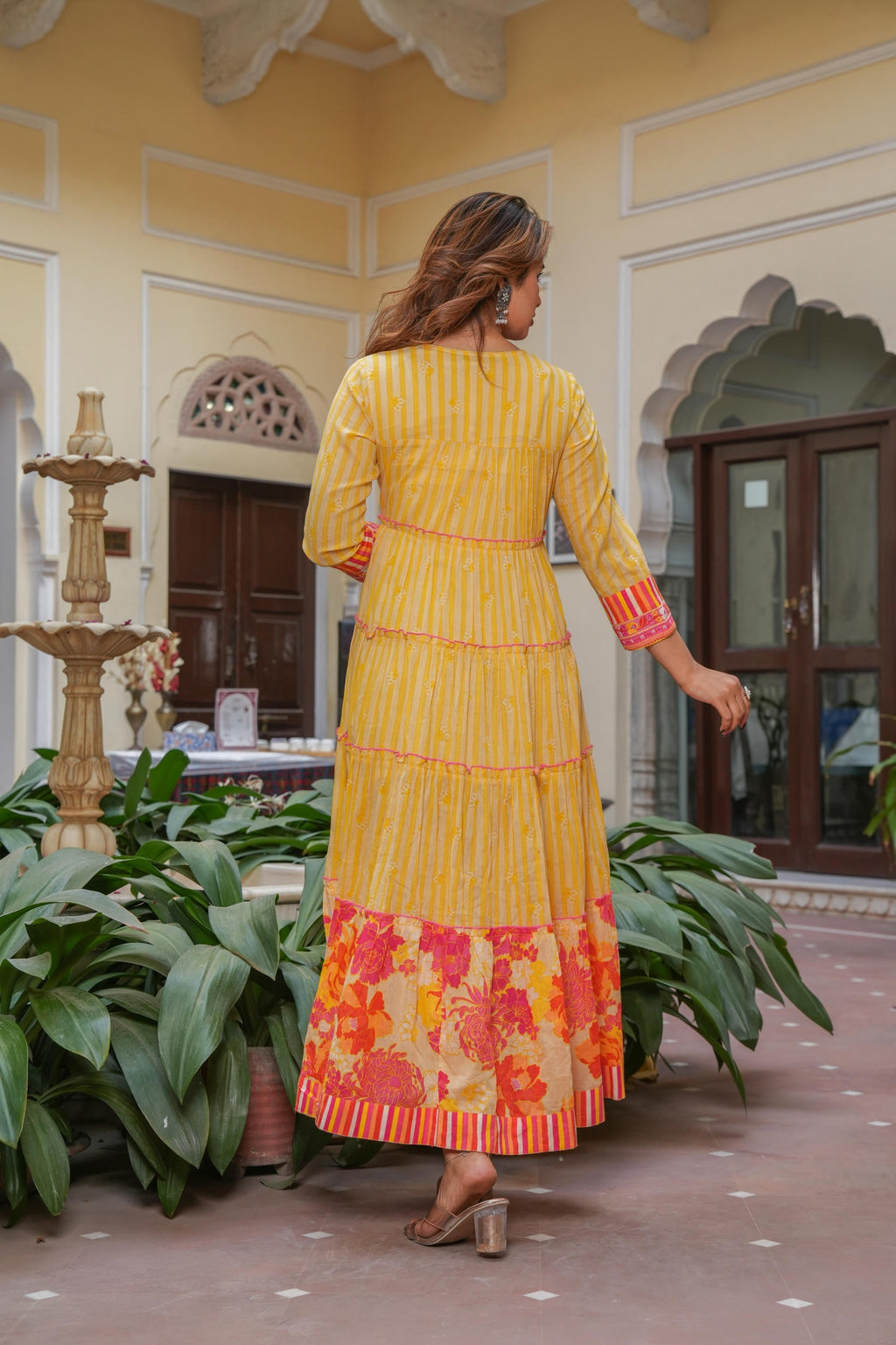 Juniper Mustard Flared Panelled Dress with Printed Floral Hem and Yoke Embroidery