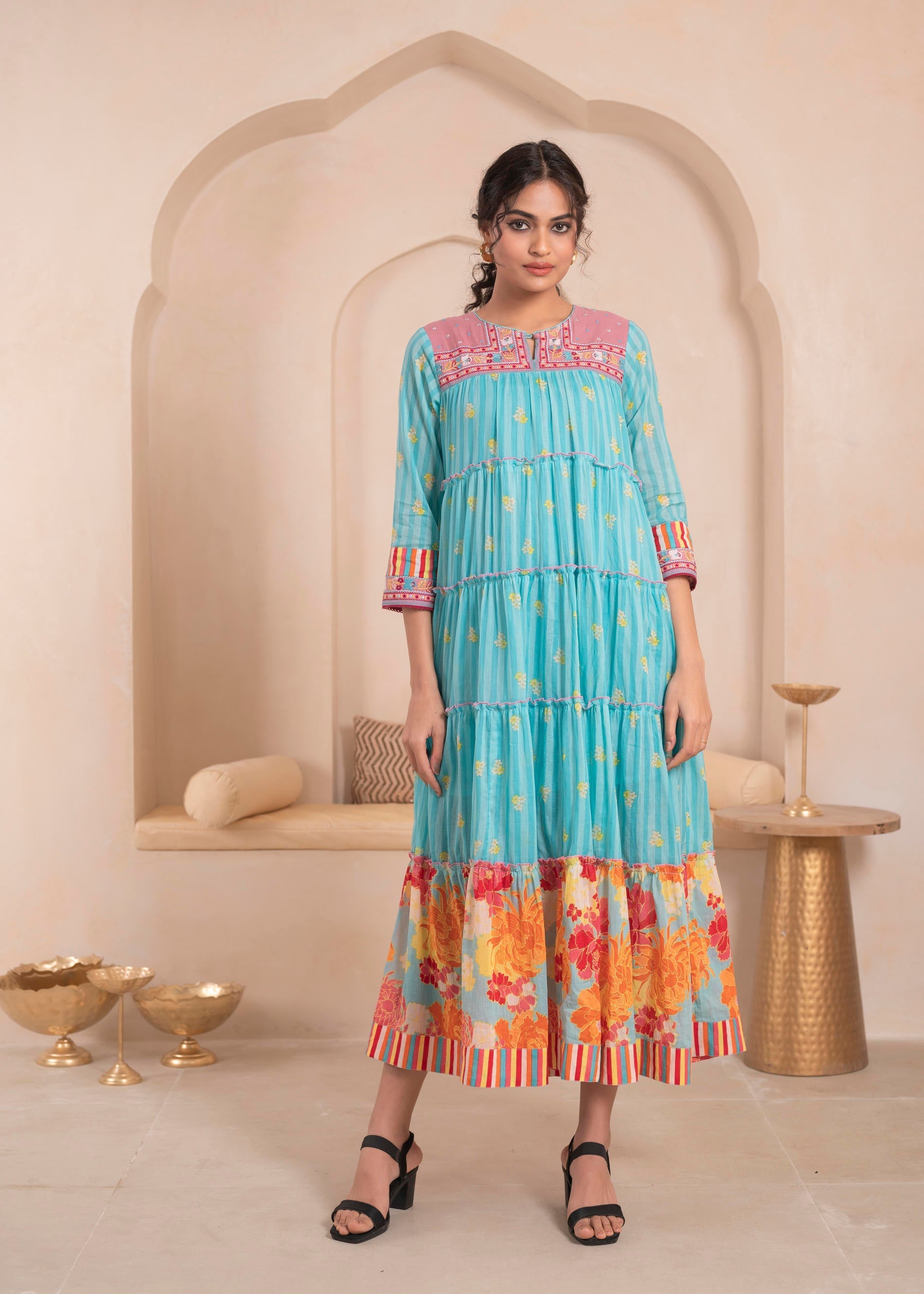 Juniper Sky Blue Flared Panelled Dress With Printed Floral Hem And Yoke Embroidery