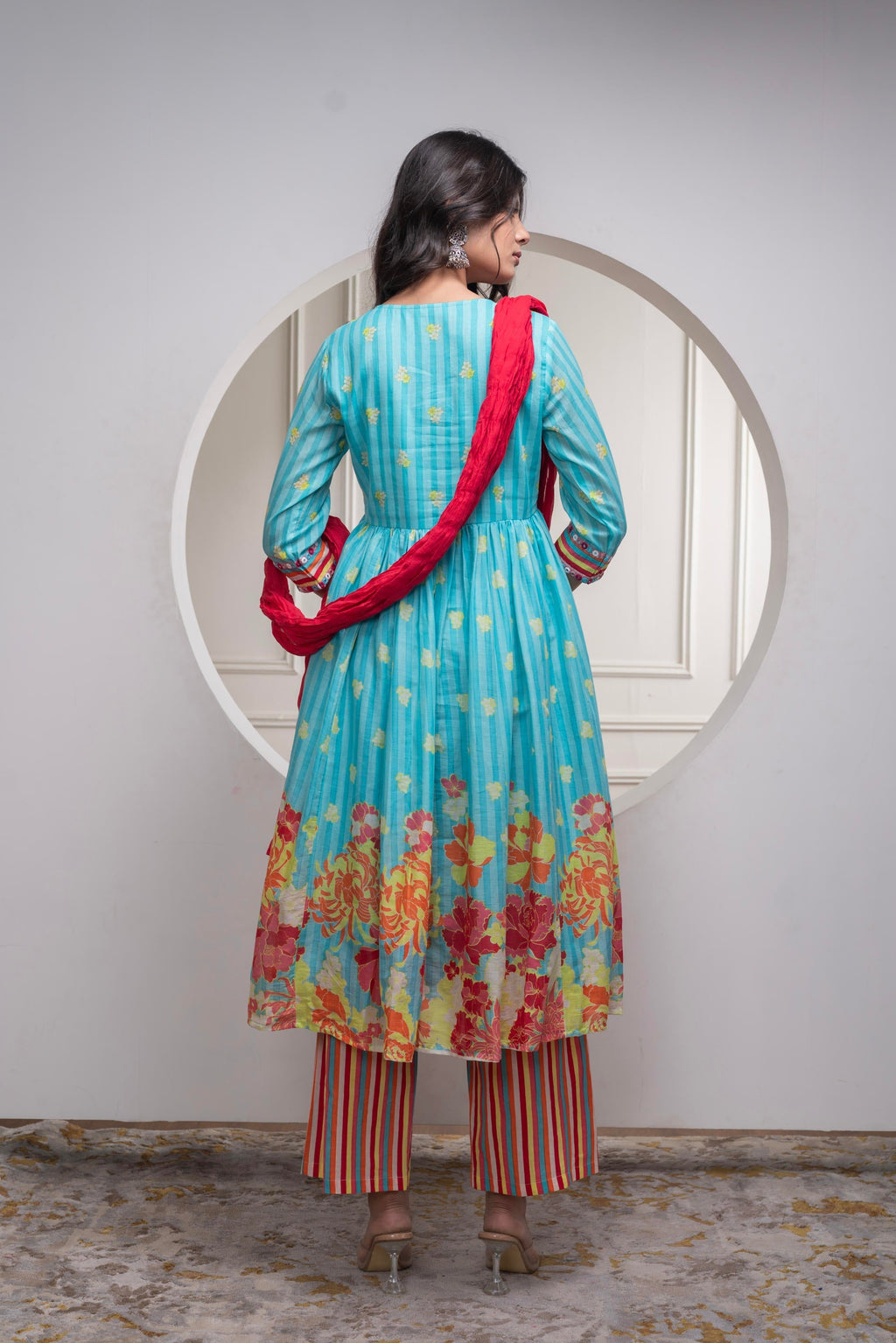 Juniper Skyblue Cotton Kurta Pant & Chiffon Dupatta Set with Embroidered Floral Thread & Mirror Work
