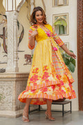 Juniper Mustard Layered Flared Dress With Inner With Sequins, Mirror Work, Dori, Tassels.