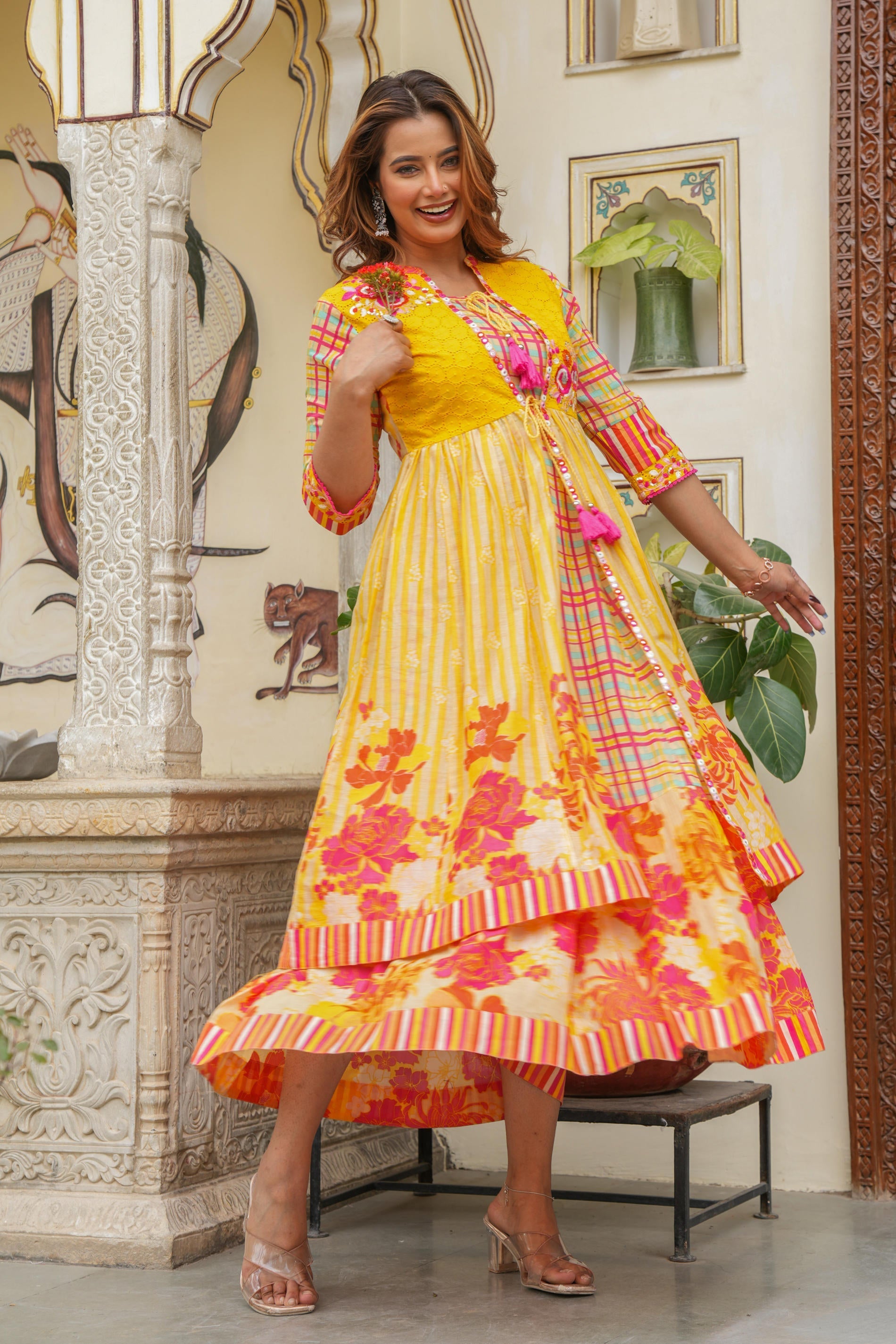 Juniper Mustard Layered Flared Dress With Inner With Sequins, Mirror Work, Dori, Tassels.