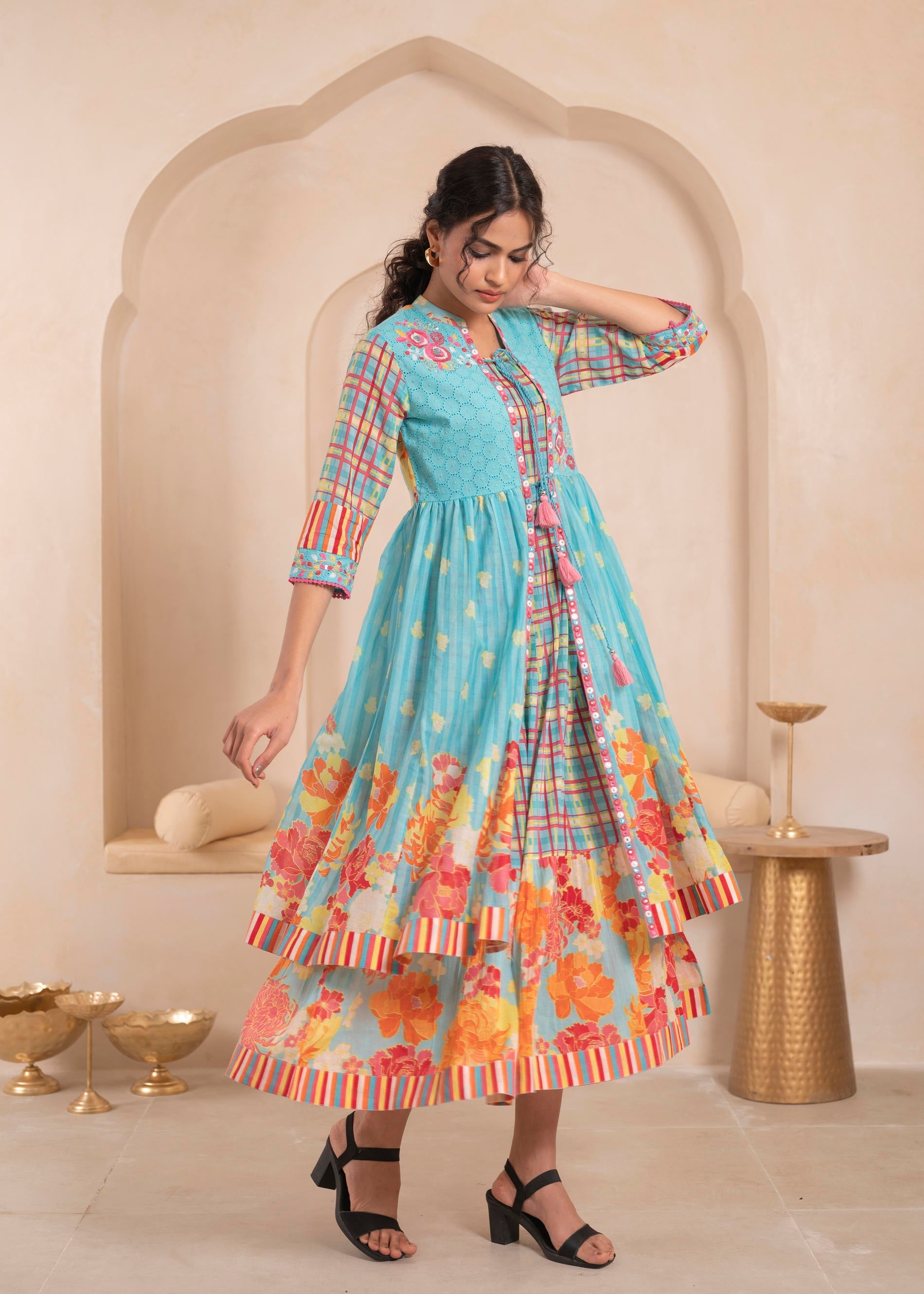 Juniper Sky Blue Layered Flared Dress with Printed Hem and Embroidered Yoke