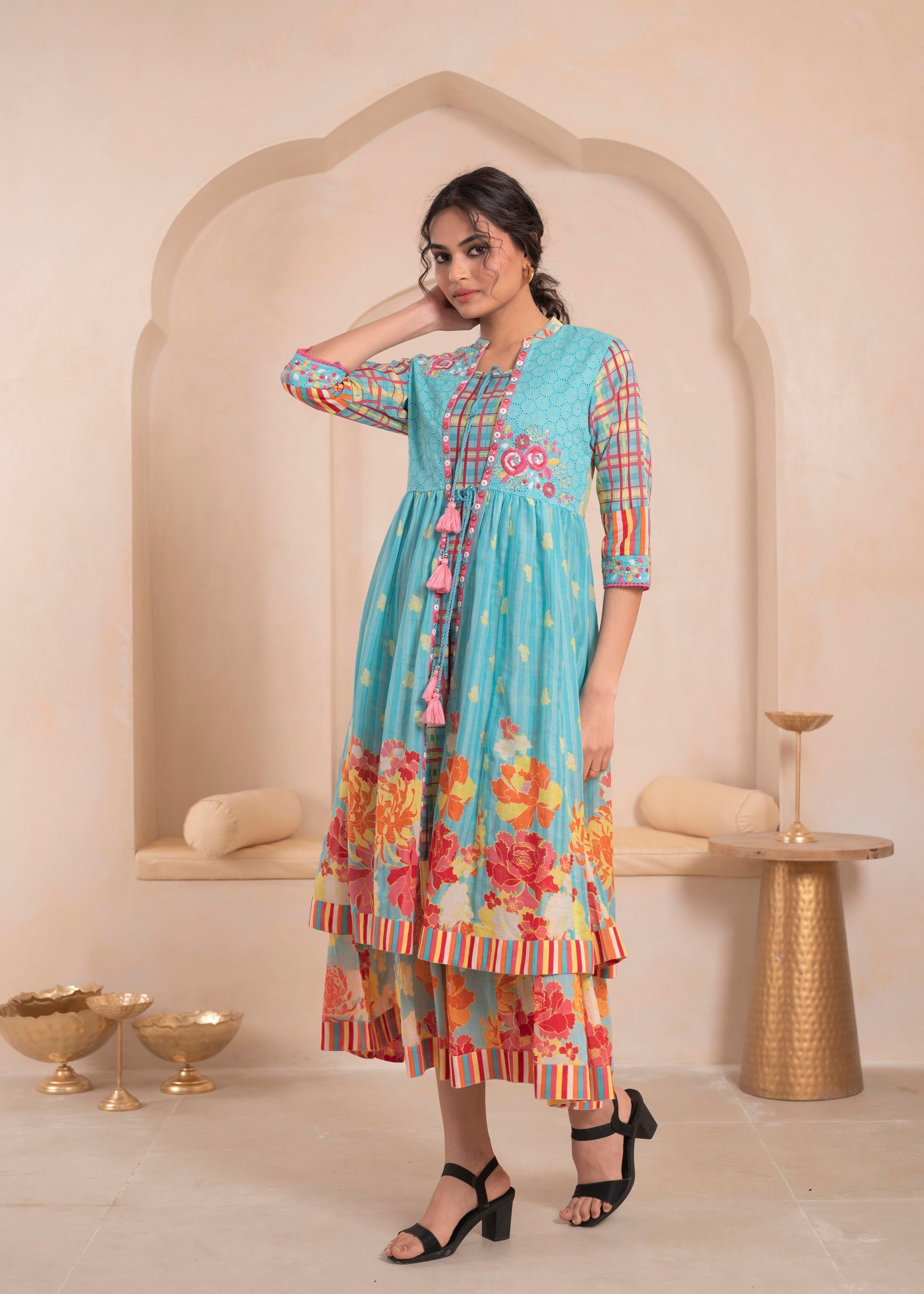 Juniper Sky Blue Layered Flared Dress with Printed Hem and Embroidered Yoke