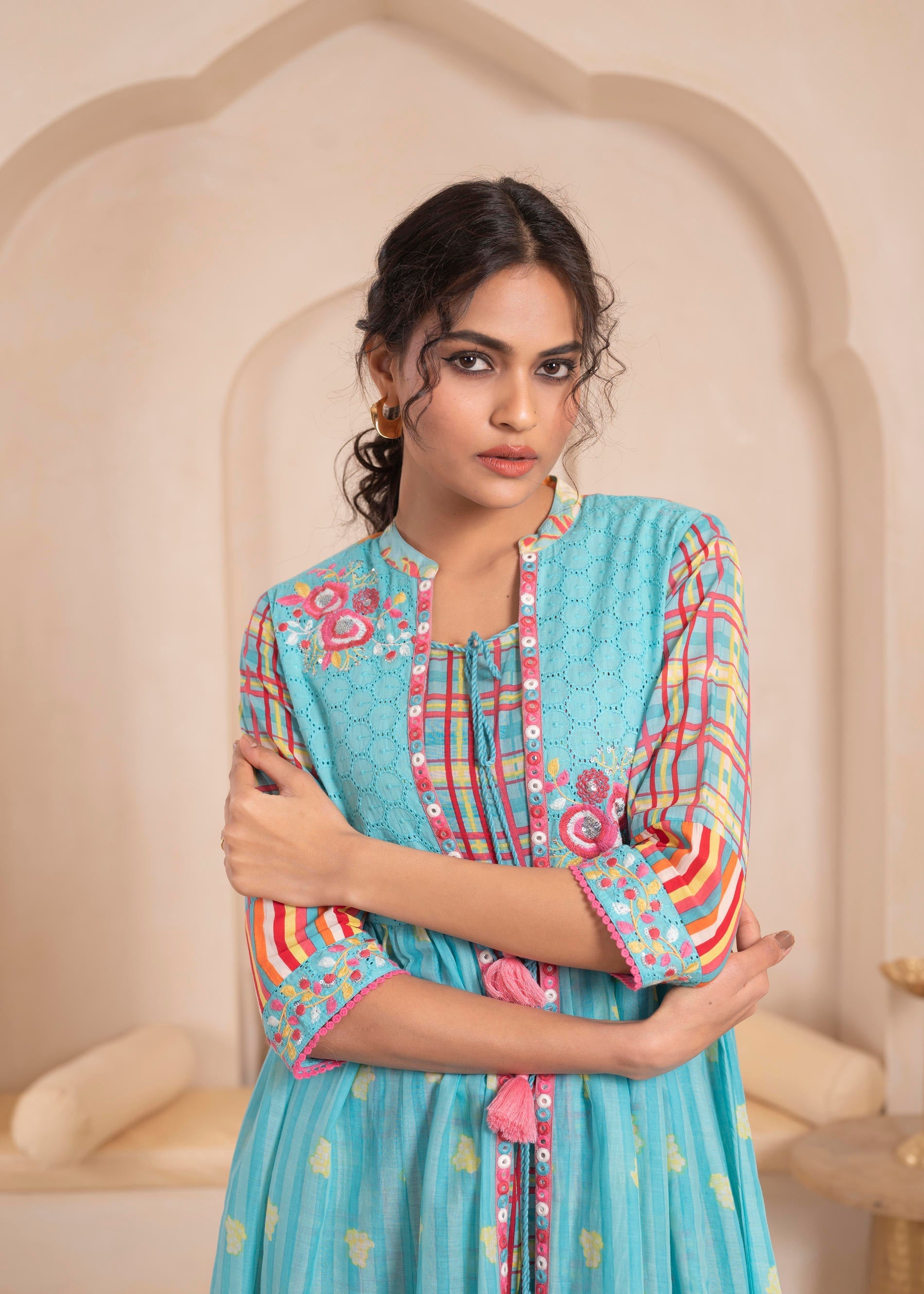 Juniper Sky Blue Layered Flared Dress with Printed Hem and Embroidered Yoke