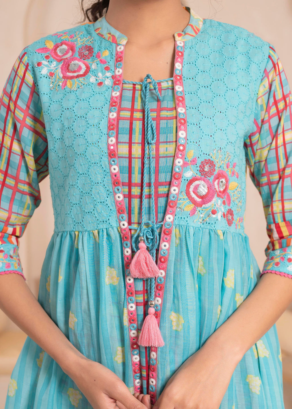 Juniper Sky Blue Layered Flared Dress with Printed Hem and Embroidered Yoke