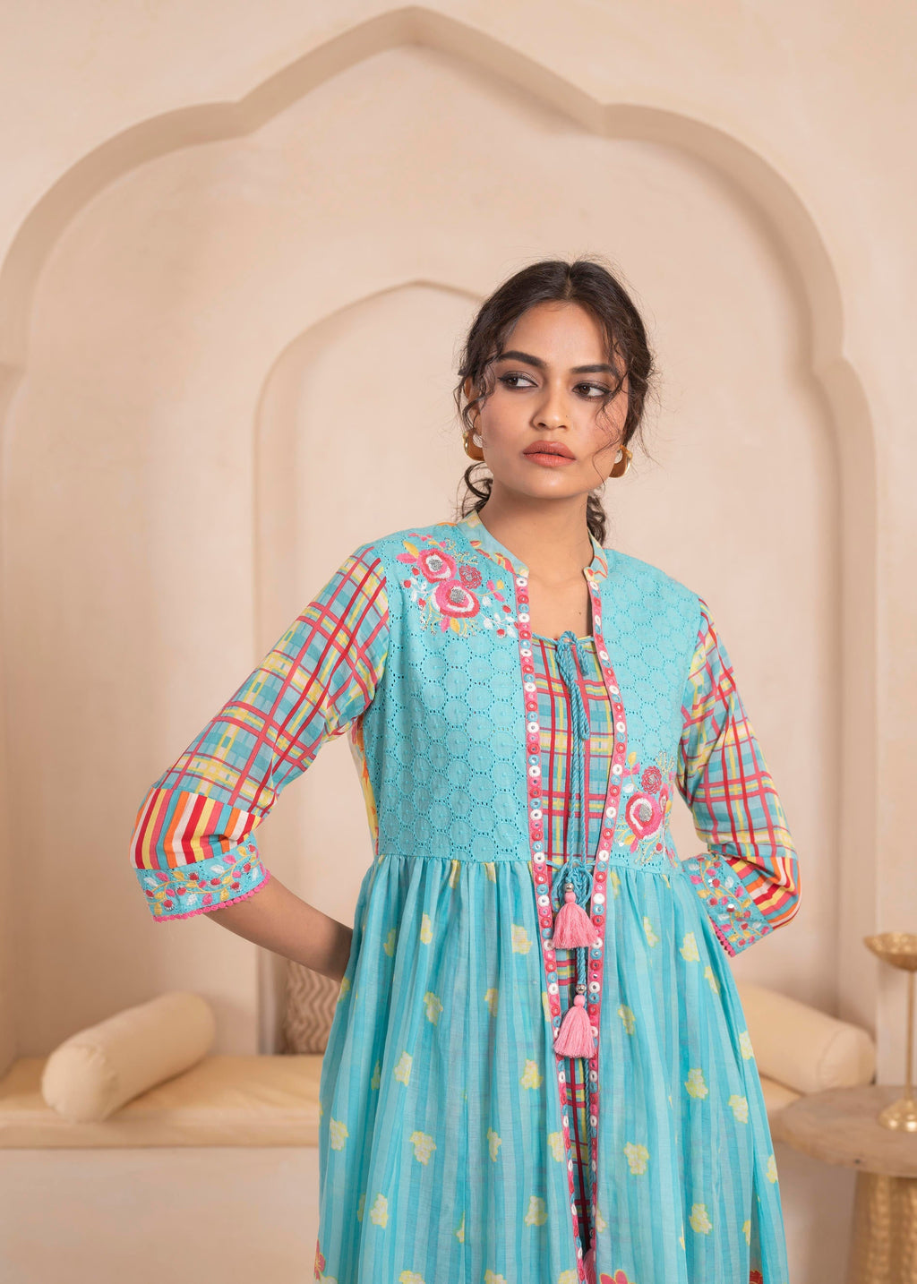 Juniper Sky Blue Layered Flared Dress with Printed Hem and Embroidered Yoke