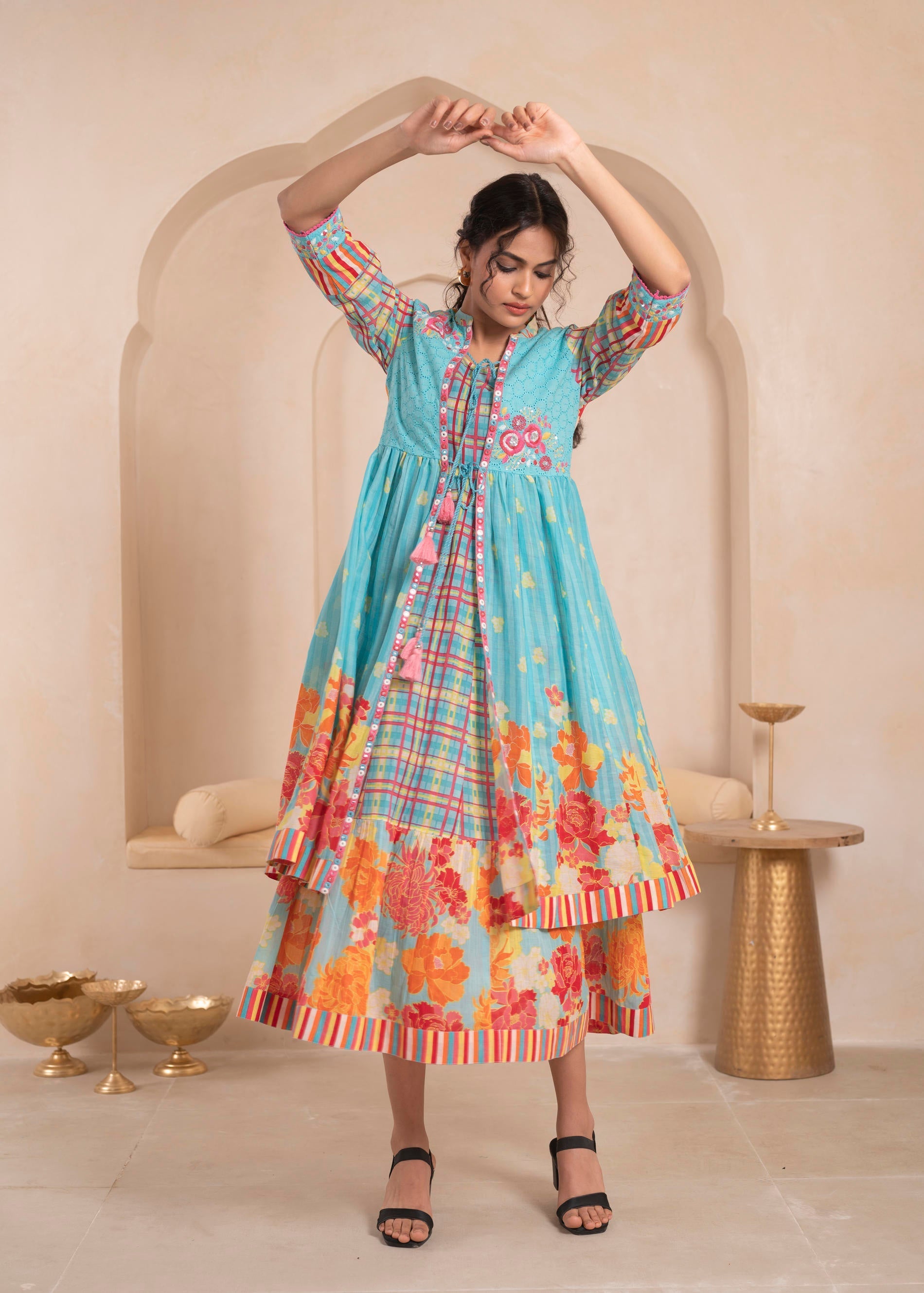 Juniper Sky Blue Layered Flared Dress with Printed Hem and Embroidered Yoke