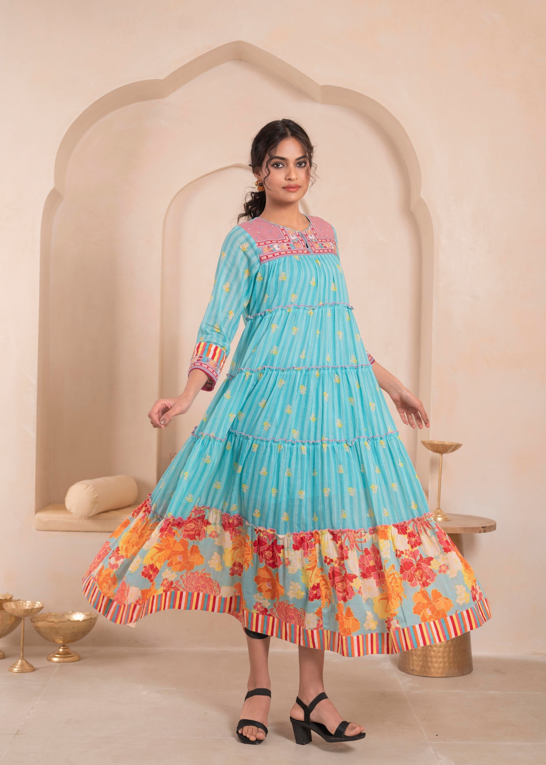Juniper Sky Blue Layered Flared Dress with Printed Hem and Embroidered Yoke