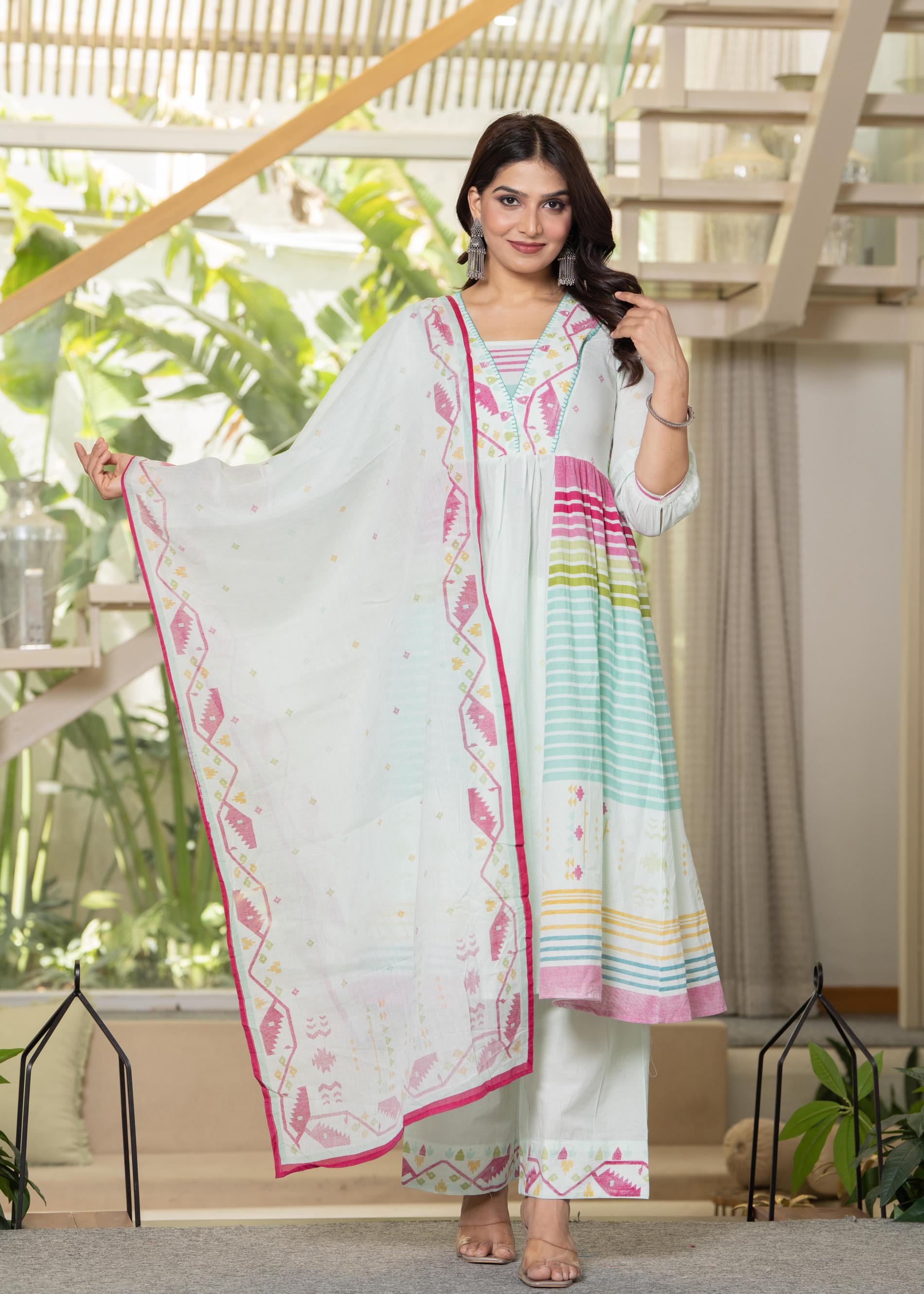 Juniper Pista Green Striped Kurta Set With Tribal Print Detailing And Dupatta