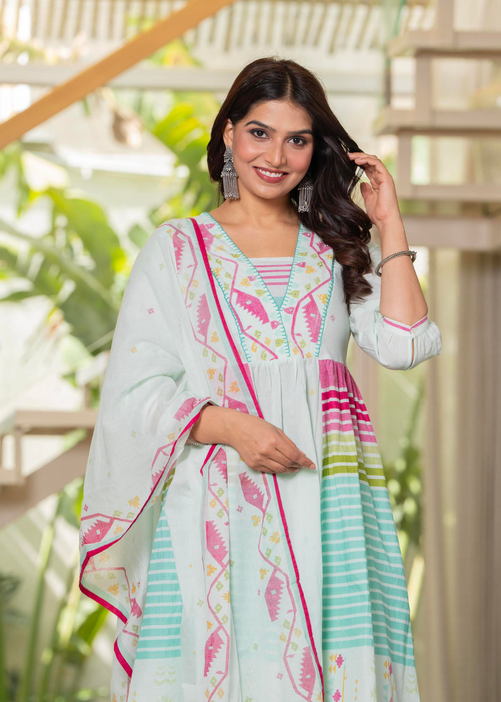 Juniper Pista Green Striped Kurta Set with Tribal Print Detailing and Dupatta