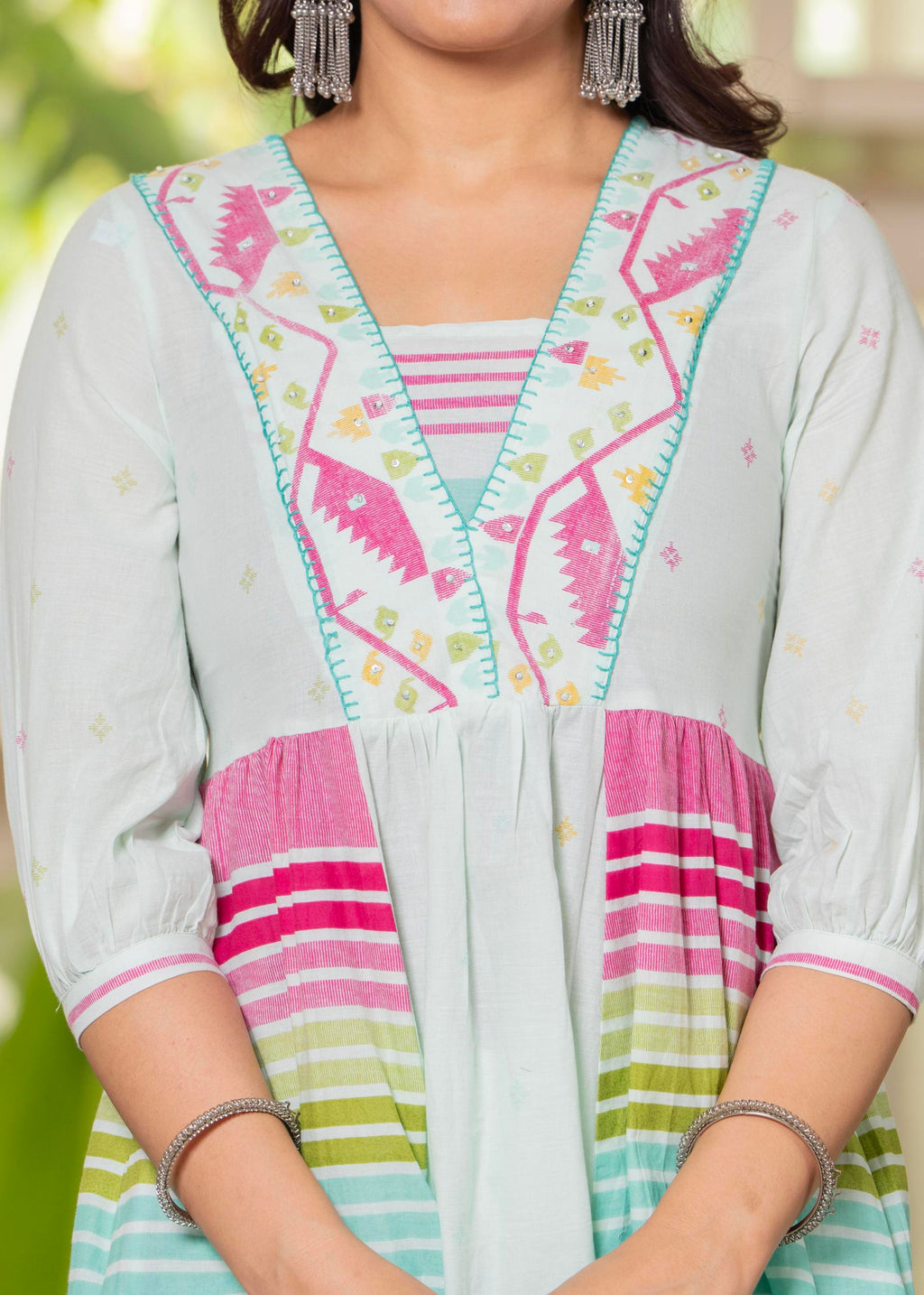 Juniper Pista Green Striped Kurta Set with Tribal Print Detailing and Dupatta