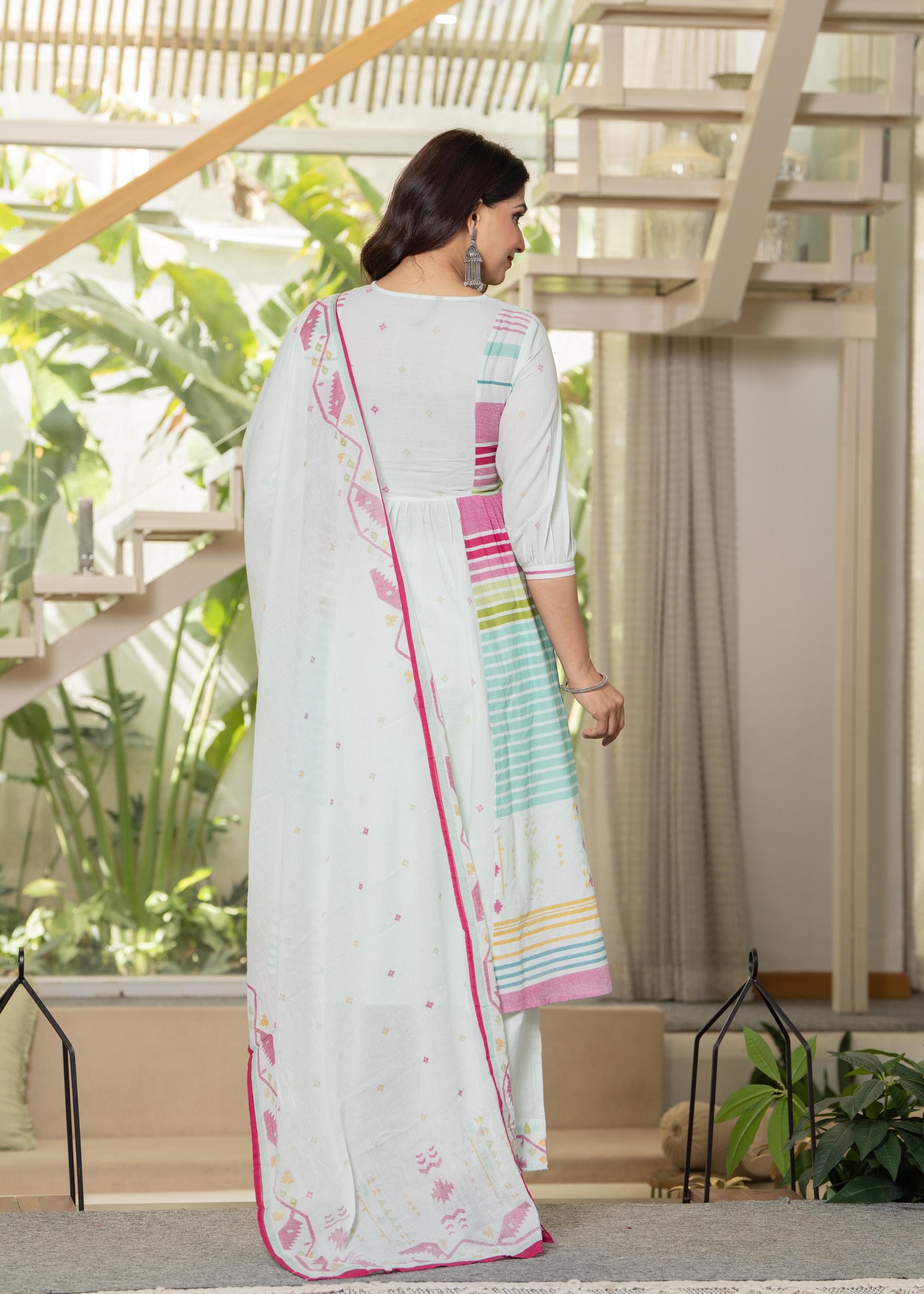 Juniper Pista Green Striped Kurta Set with Tribal Print Detailing and Dupatta