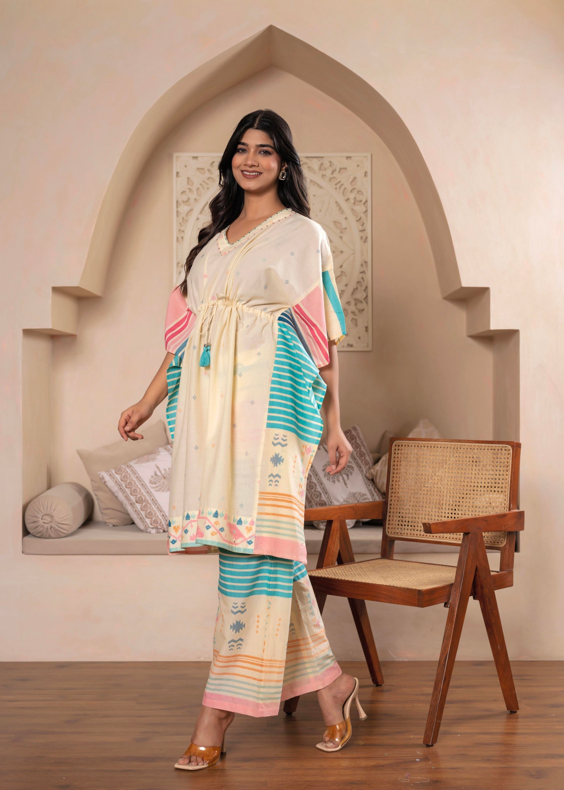 Juniper Ivory Printed Kaftan-Style Kurta Set with Drawstring Waist and Tribal Pastel Print