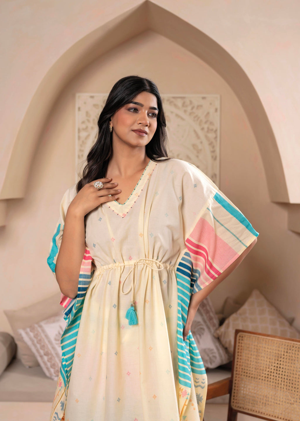 Juniper Ivory Printed Kaftan-Style Kurta Set with Drawstring Waist and Tribal Pastel Print
